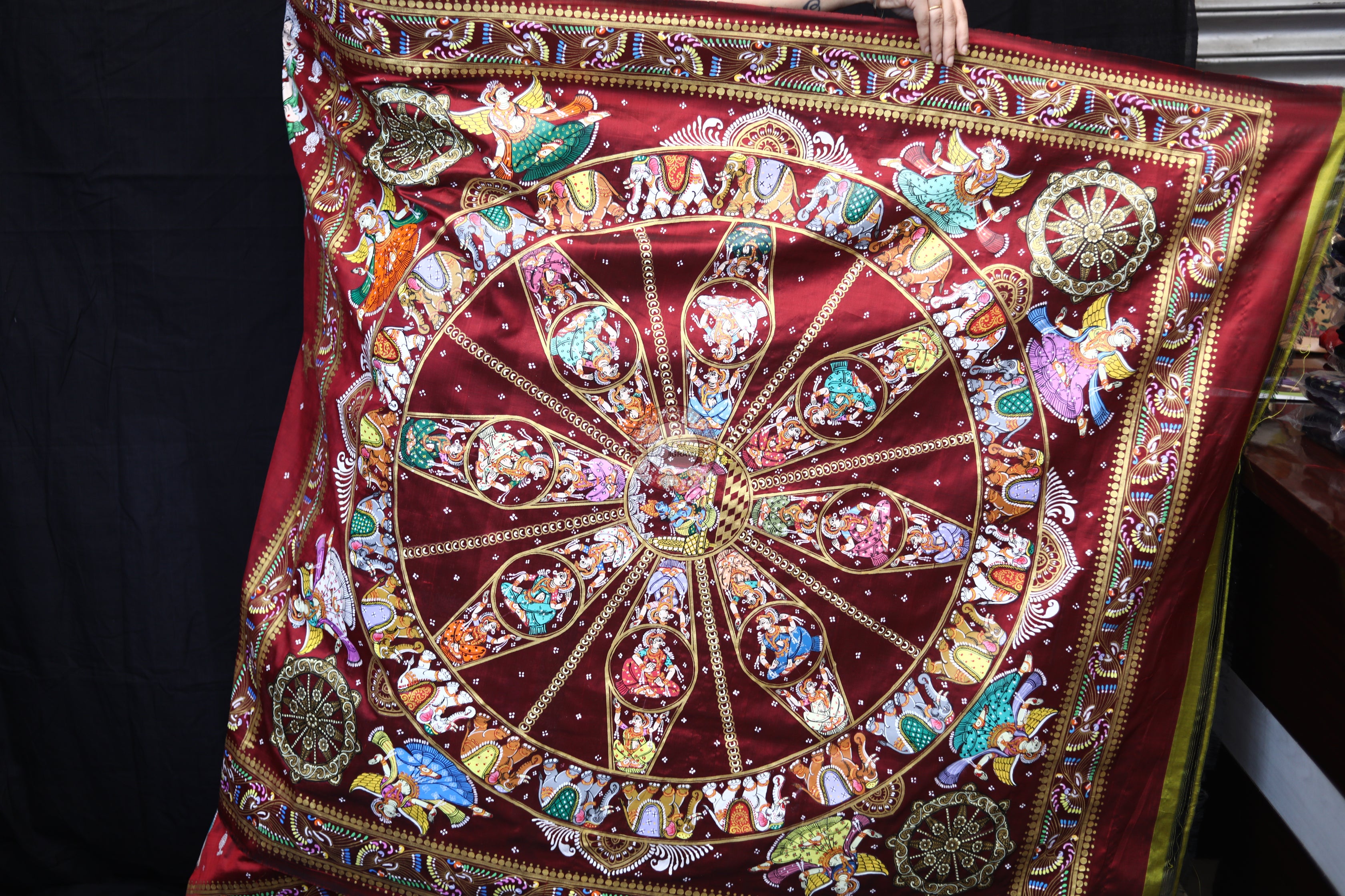 Maroon Konark Chakra Pattachitra Silk Saree