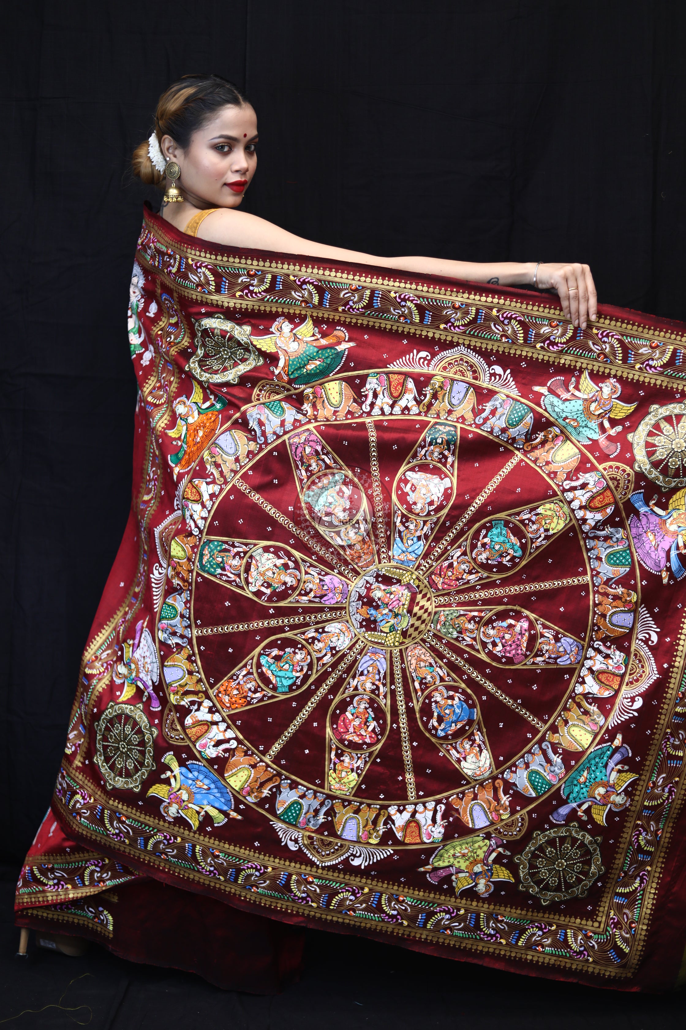 Maroon Konark Chakra Pattachitra Silk Saree