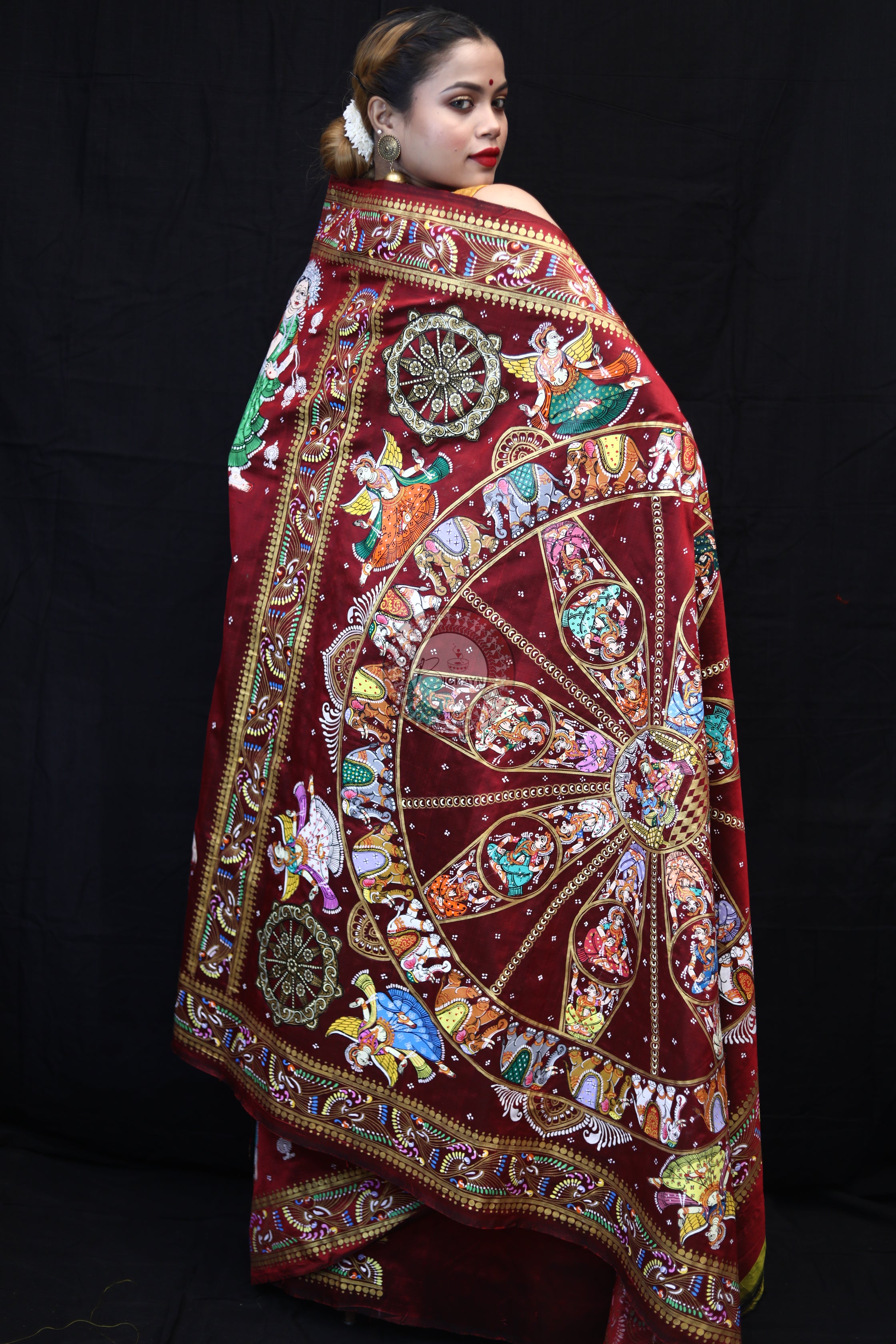 Maroon Konark Chakra Pattachitra Silk Saree