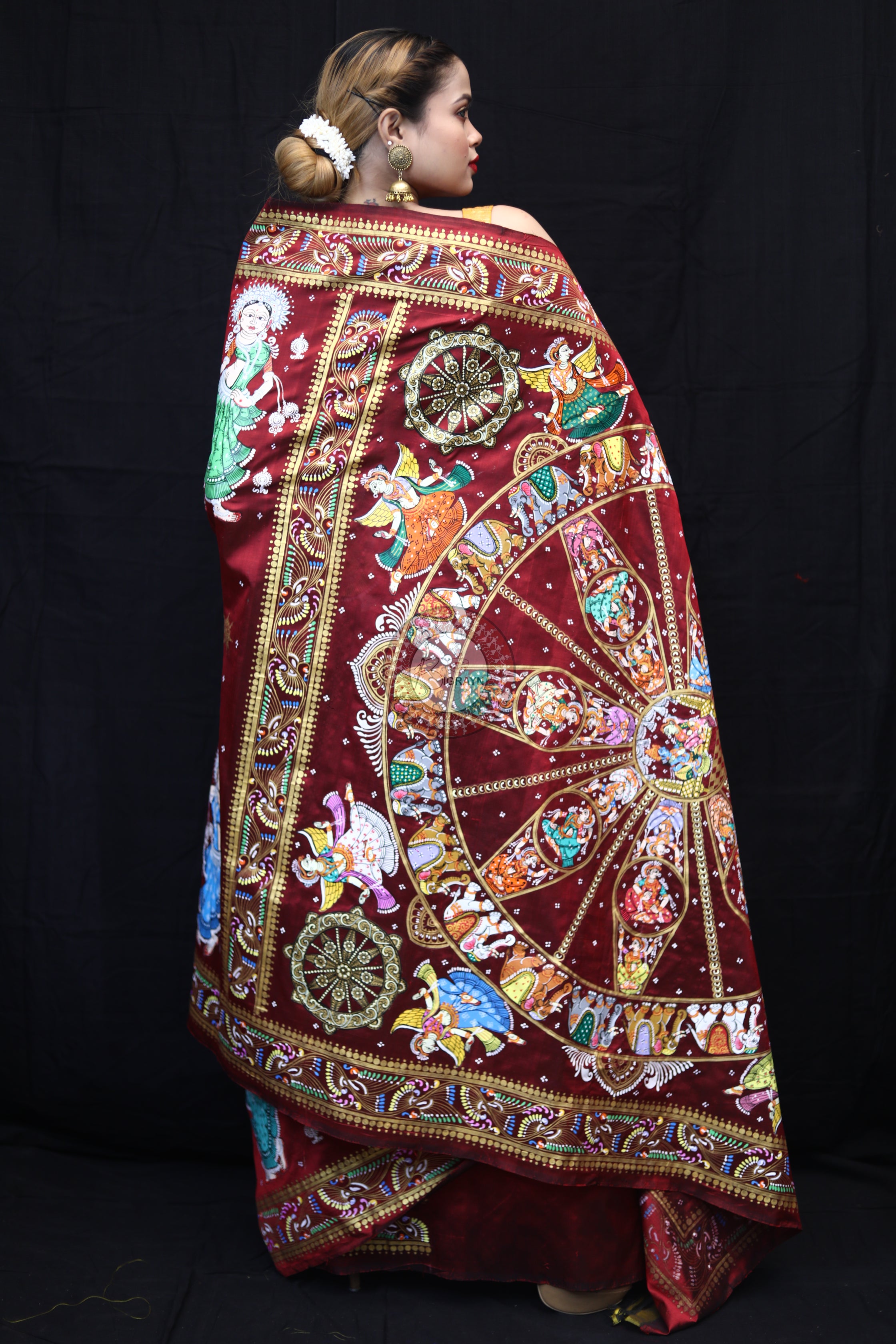 Maroon Konark Chakra Pattachitra Silk Saree