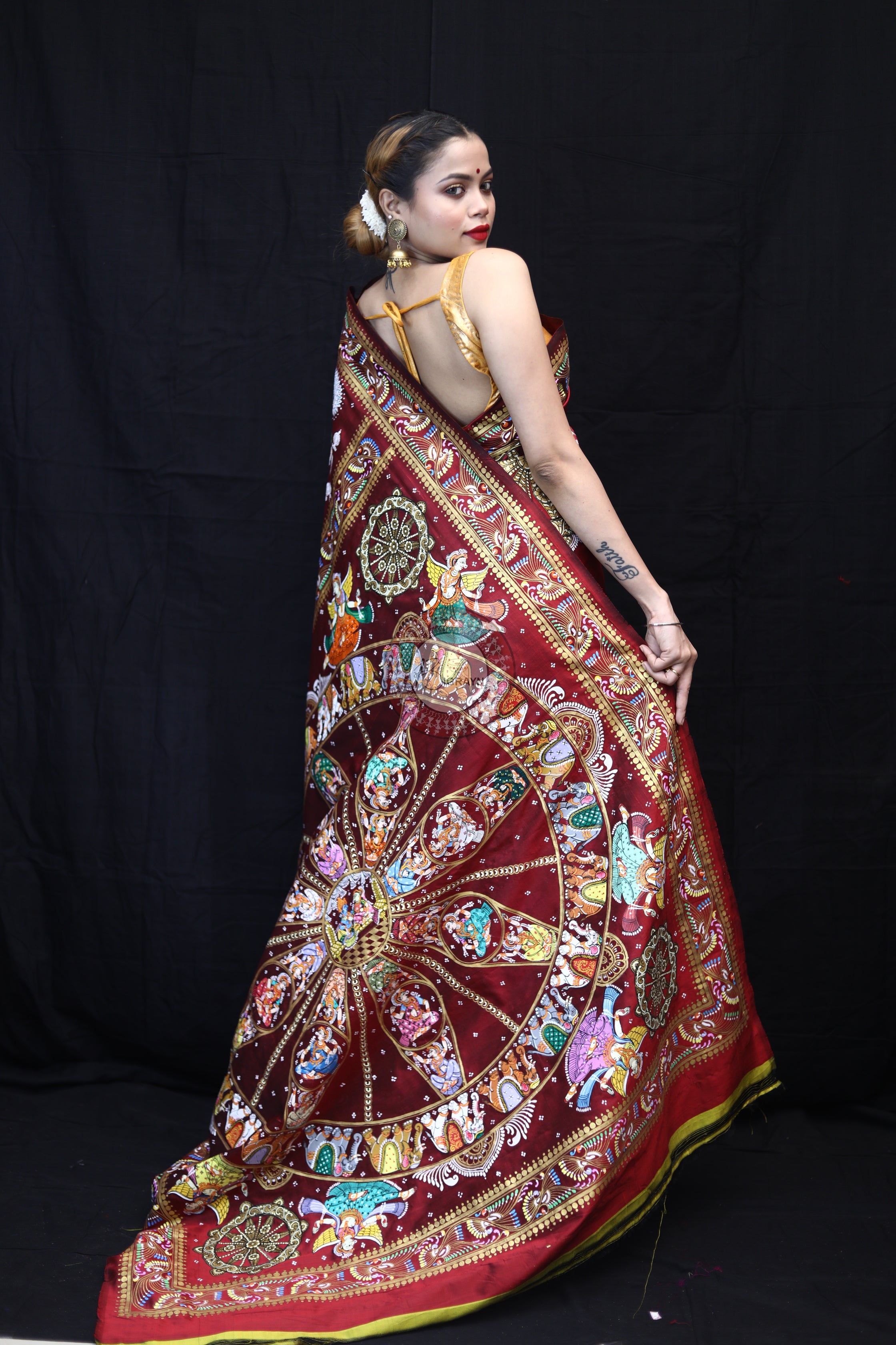 Maroon Konark Chakra Pattachitra Silk Saree