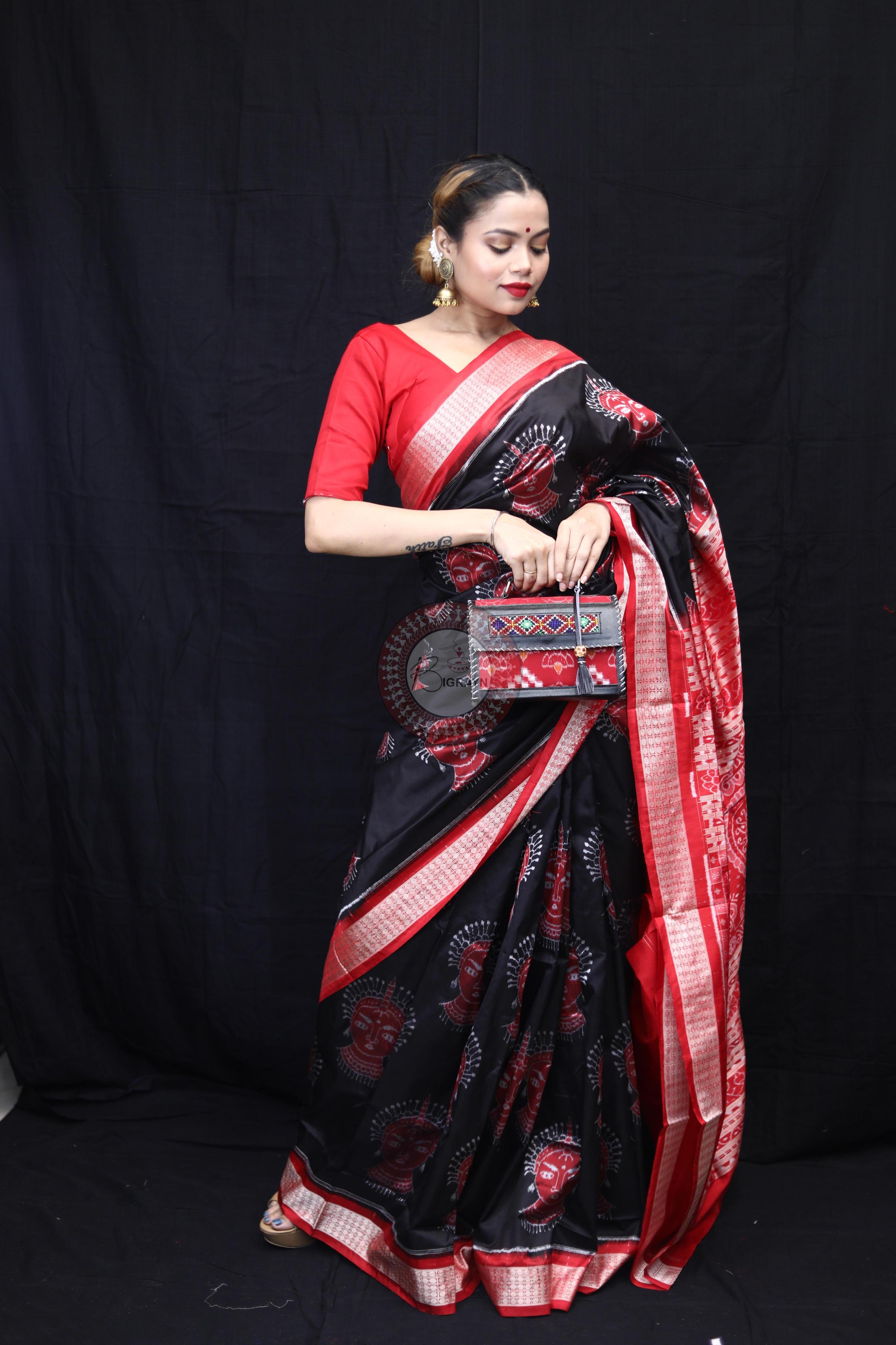 Black Red Odishi Face Sambalpuri Silk Saree