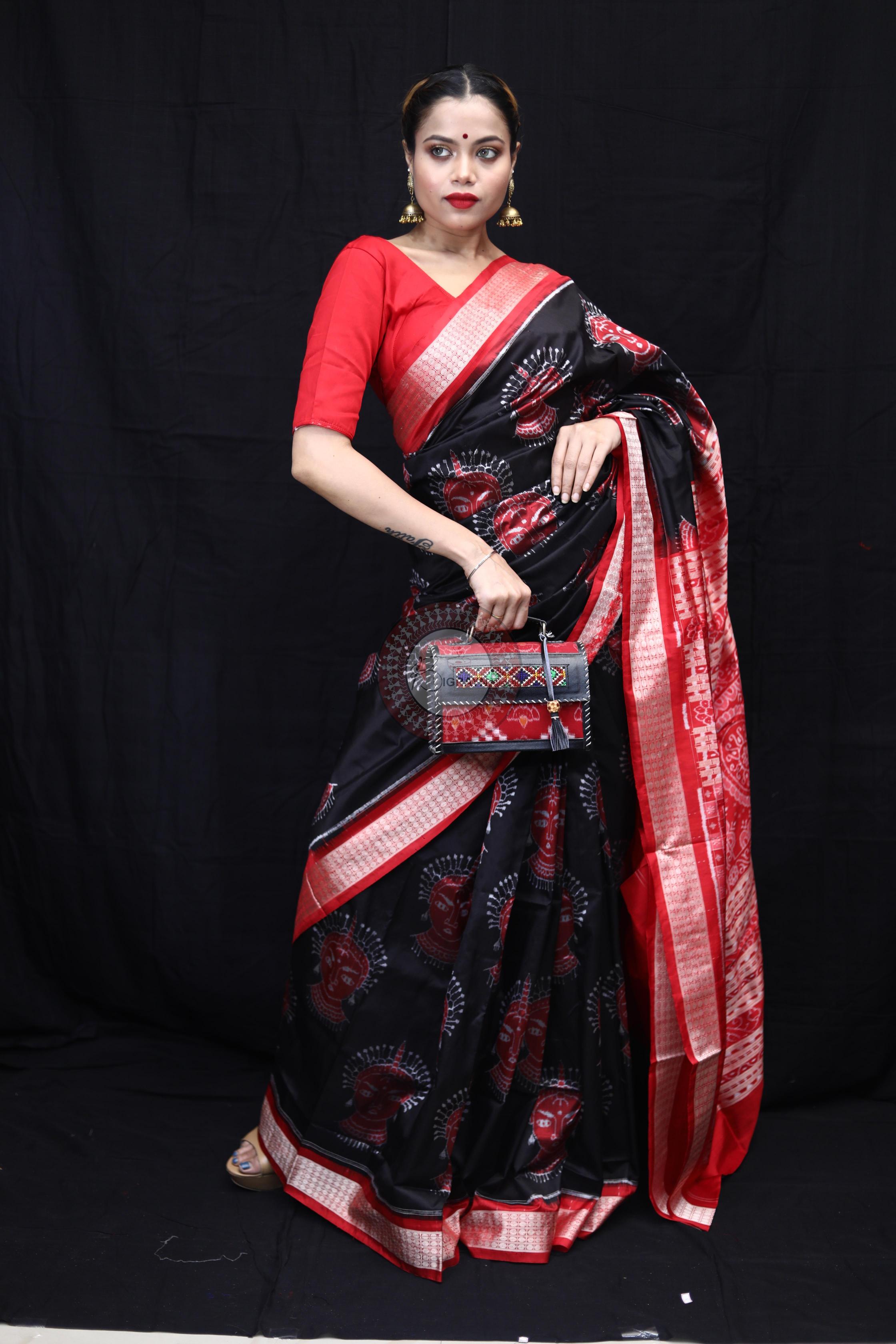 Black Red Odishi Face Sambalpuri Silk Saree