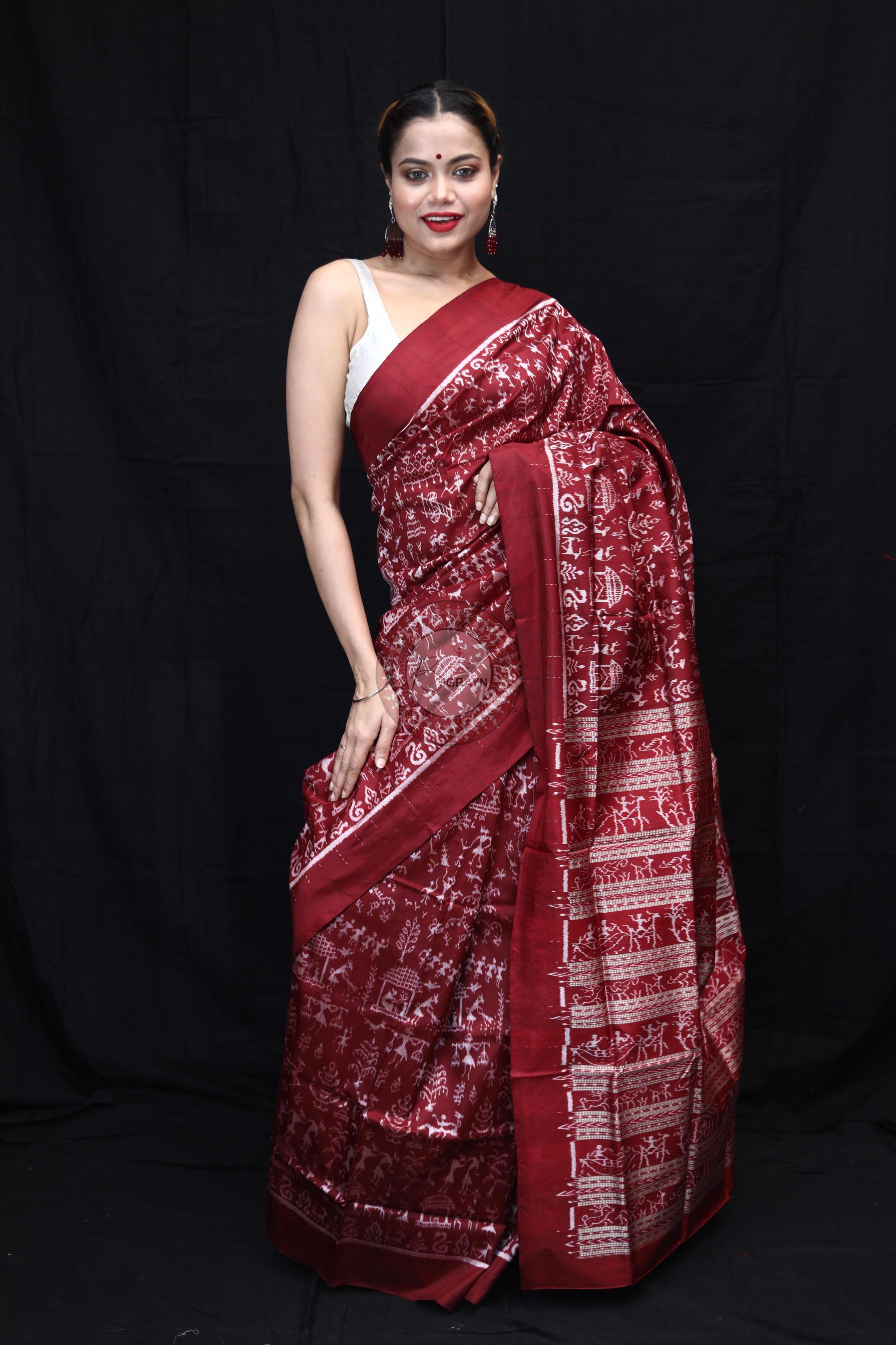 Maroon Silver Full Body Tribal Sambalpuri Silk Saree