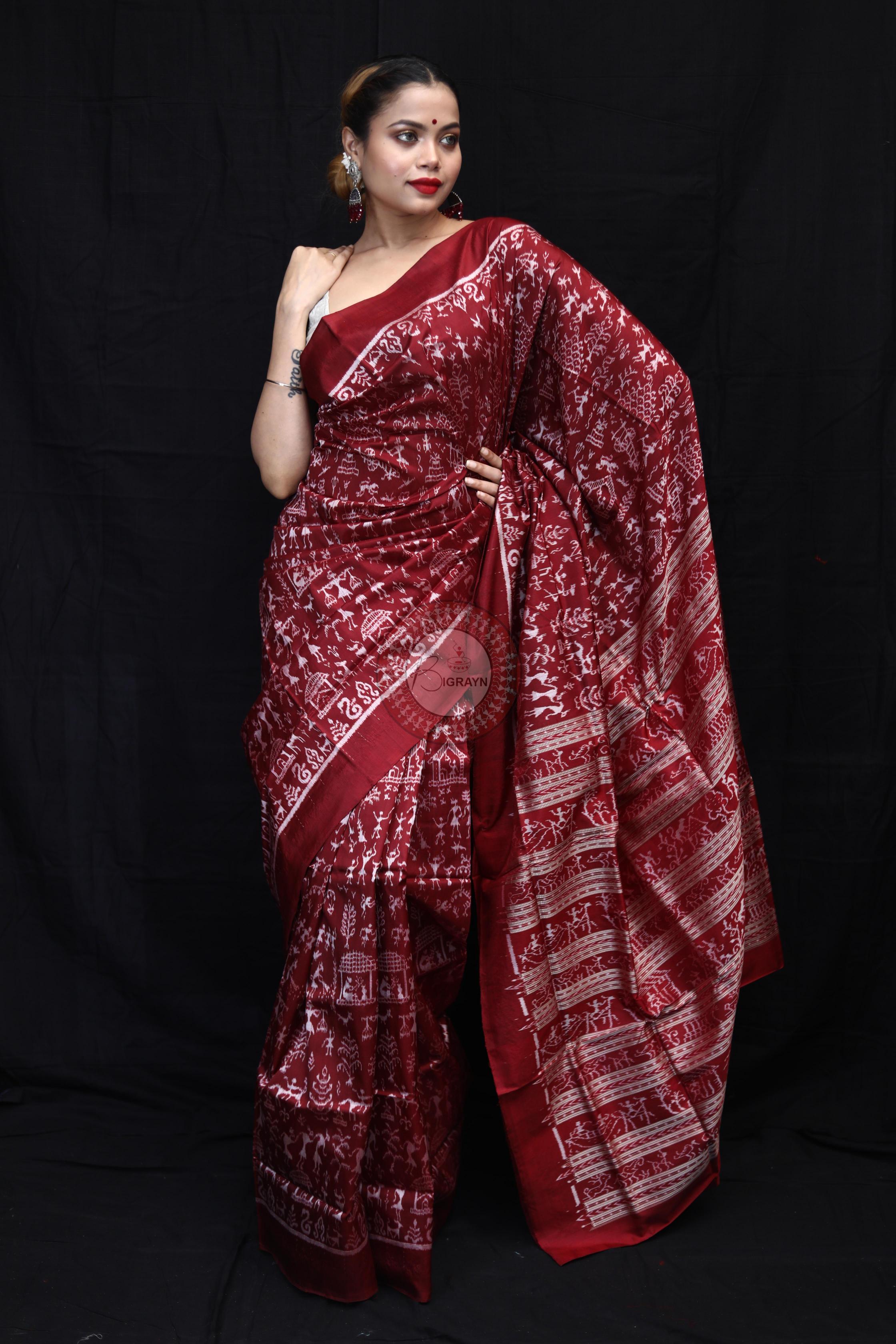 Maroon Silver Full Body Tribal Sambalpuri Silk Saree