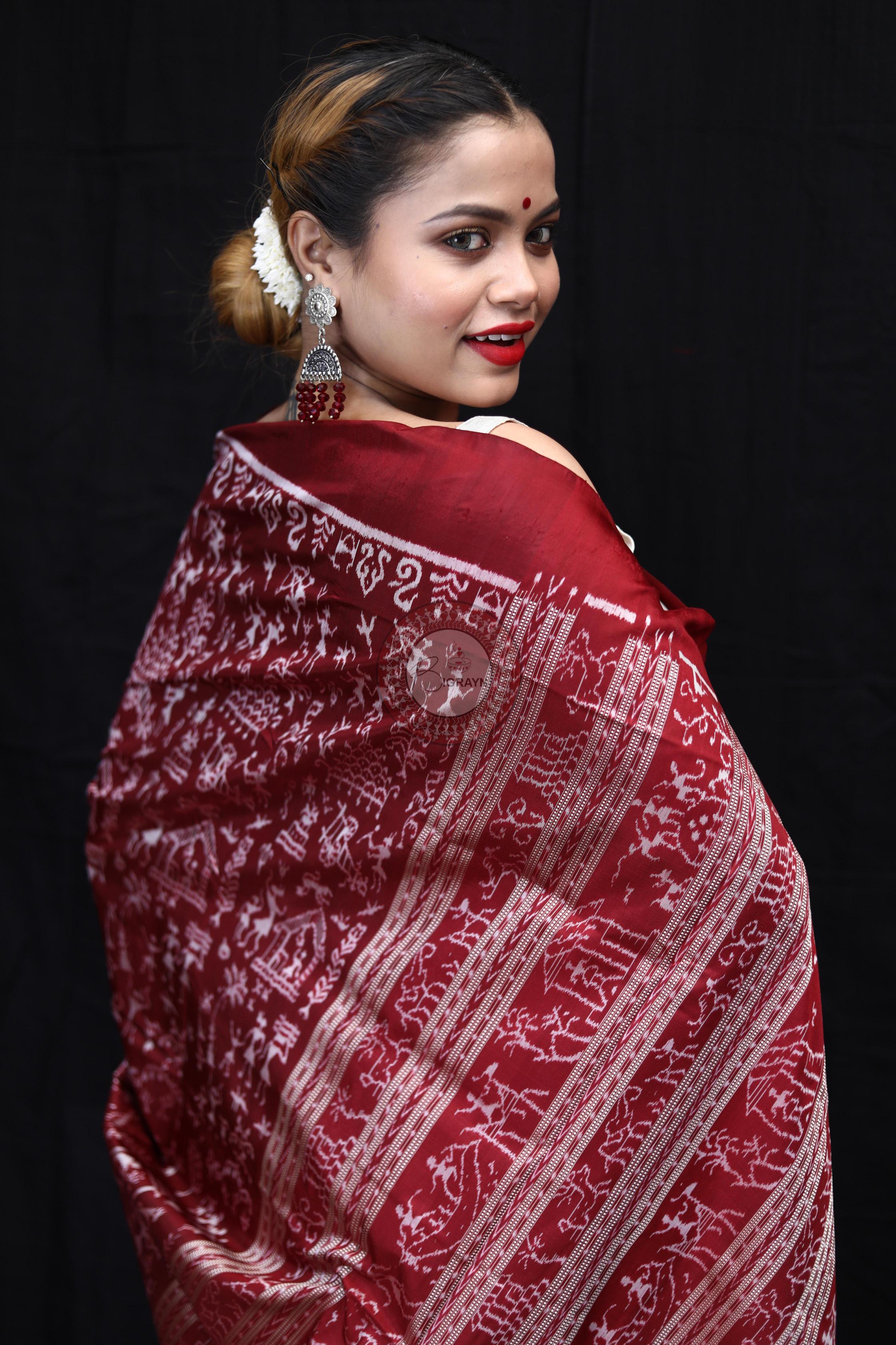 Maroon Silver Full Body Tribal Sambalpuri Silk Saree