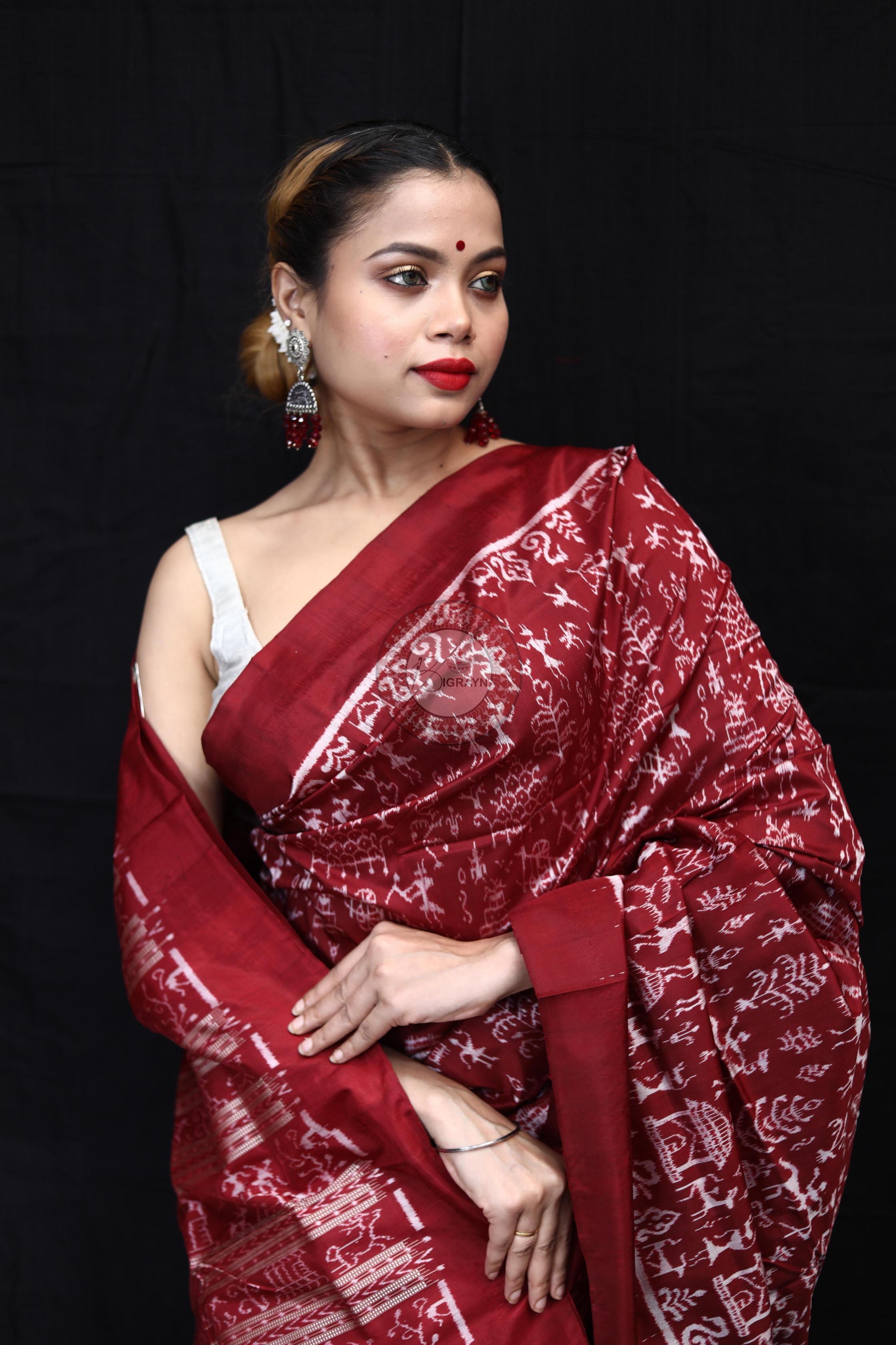 Maroon Silver Full Body Tribal Sambalpuri Silk Saree