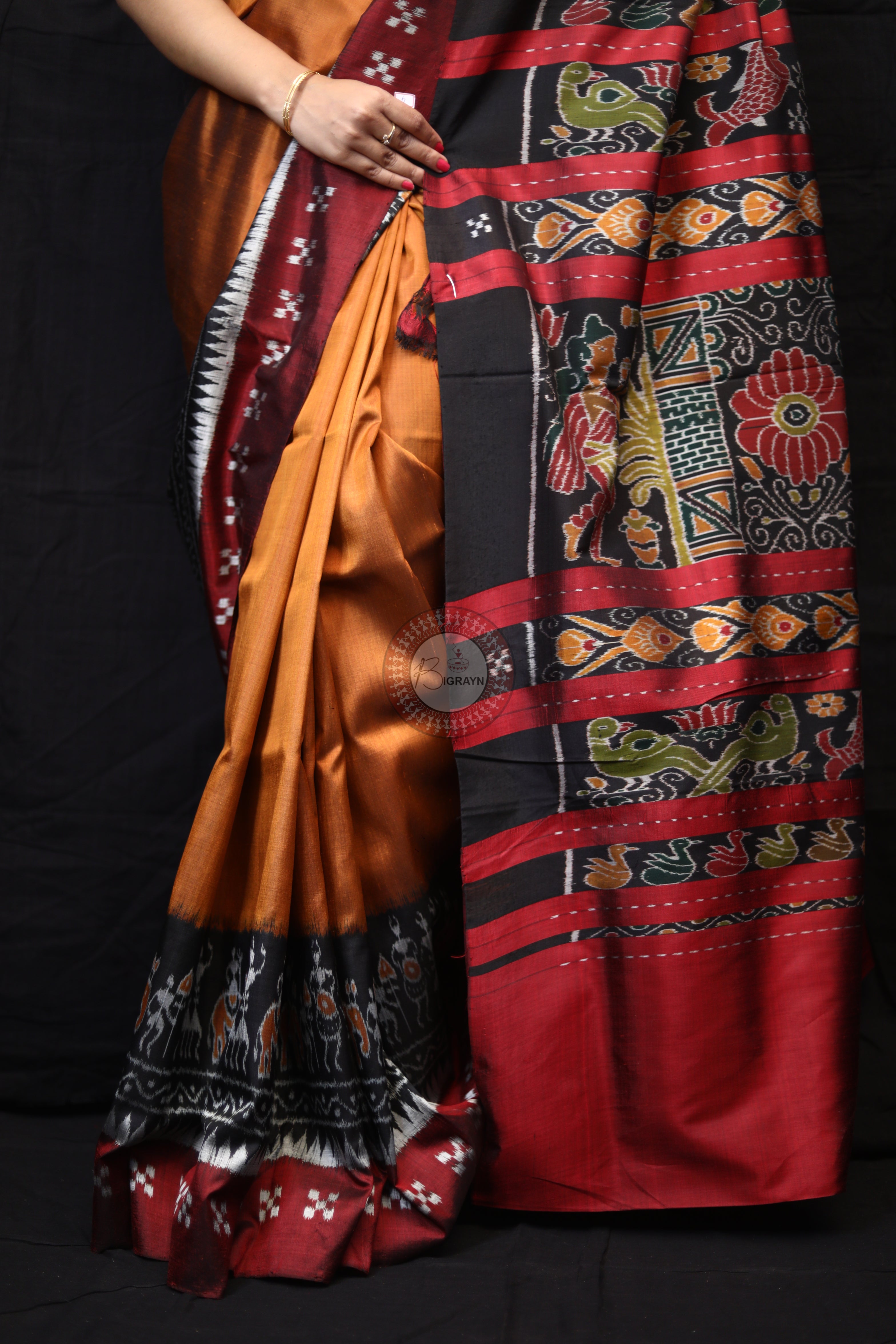 Mustard Tribal Scot Border Pasapali Mulberry Silk Saree