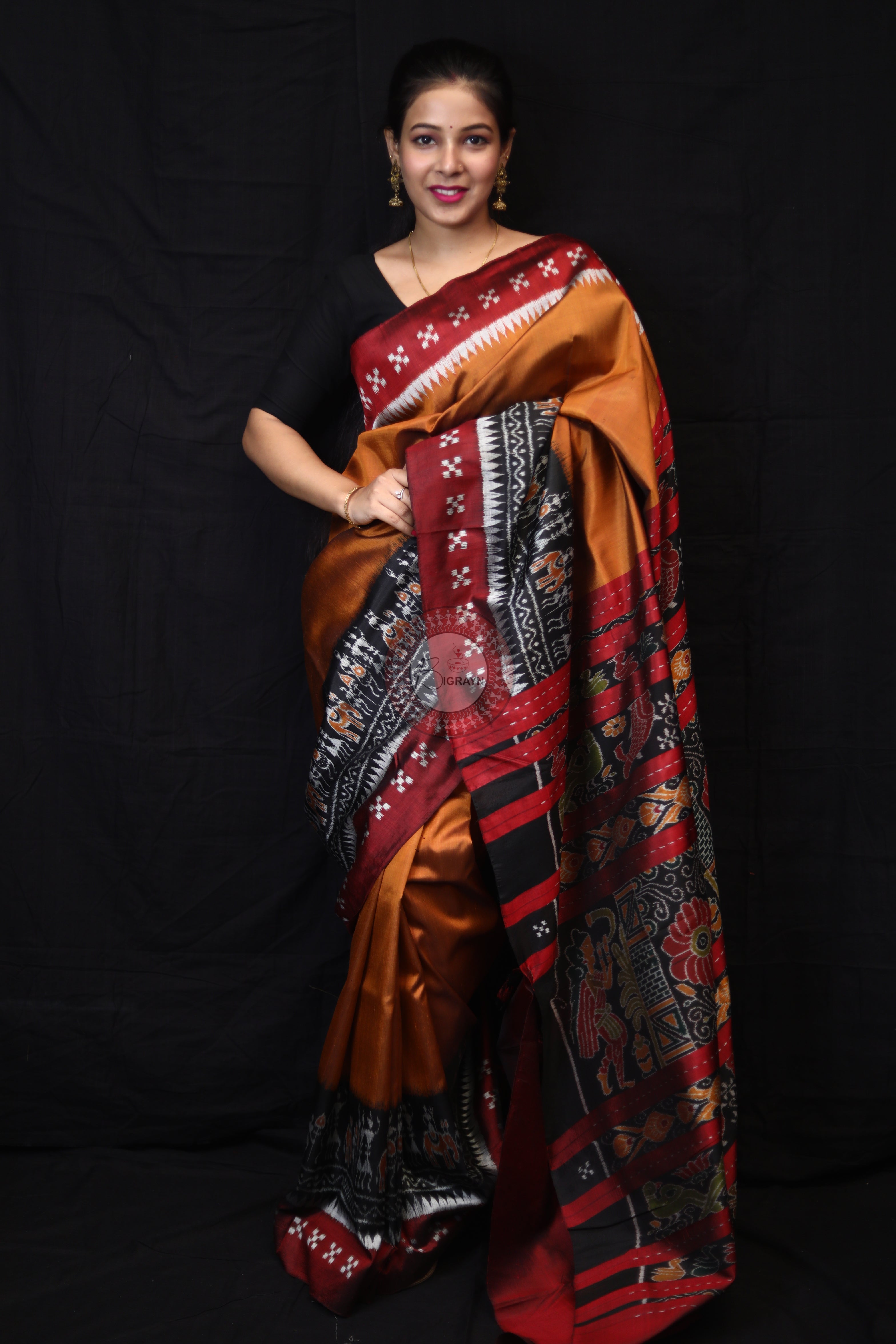 Mustard Tribal Scot Border Pasapali Mulberry Silk Saree