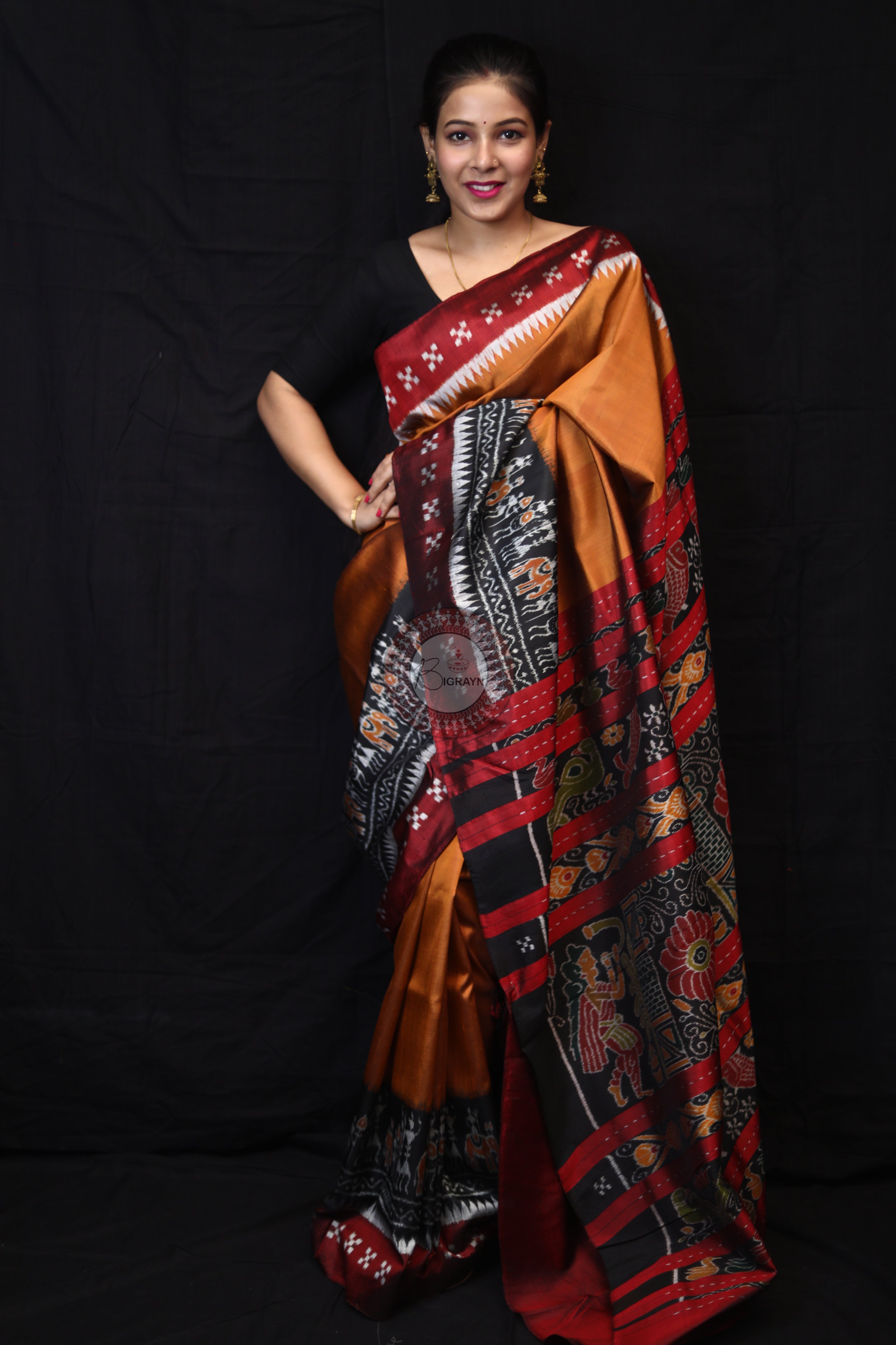 Mustard Tribal Scot Border Pasapali Mulberry Silk Saree