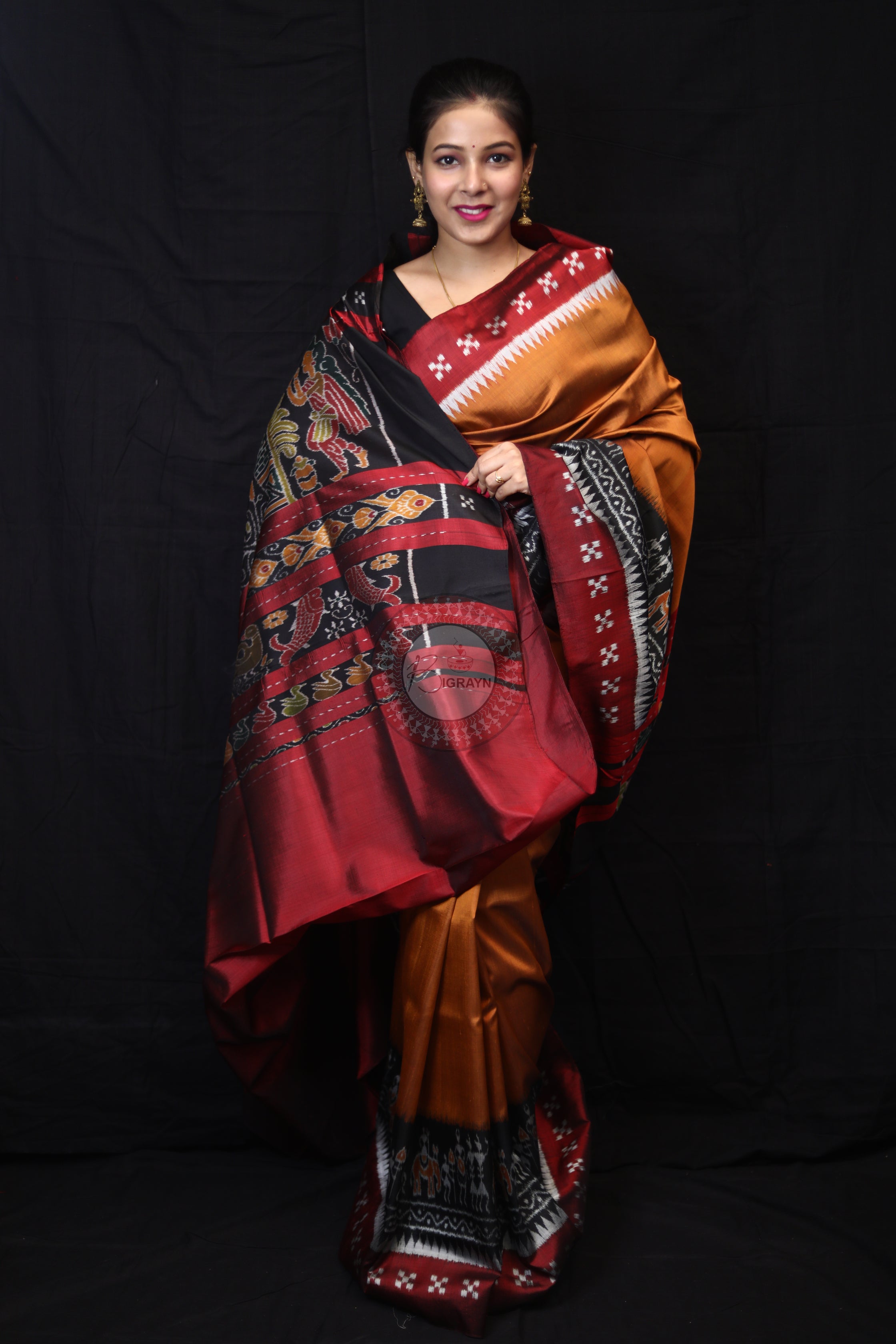Yellow Maroon Tribal House Mulberry Silk Saree