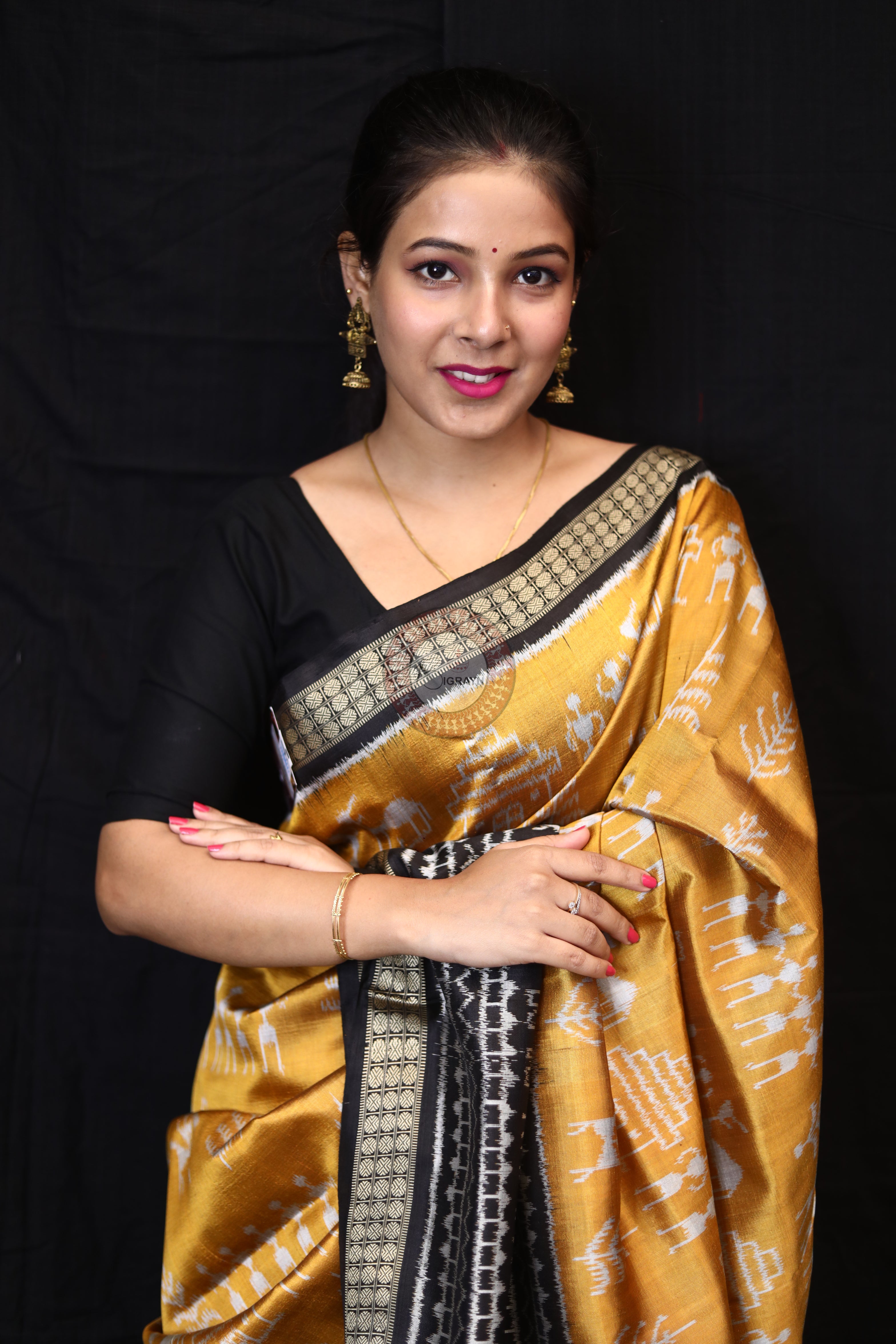 Golden Tribals Elephant Scot Mulberry Silk Saree
