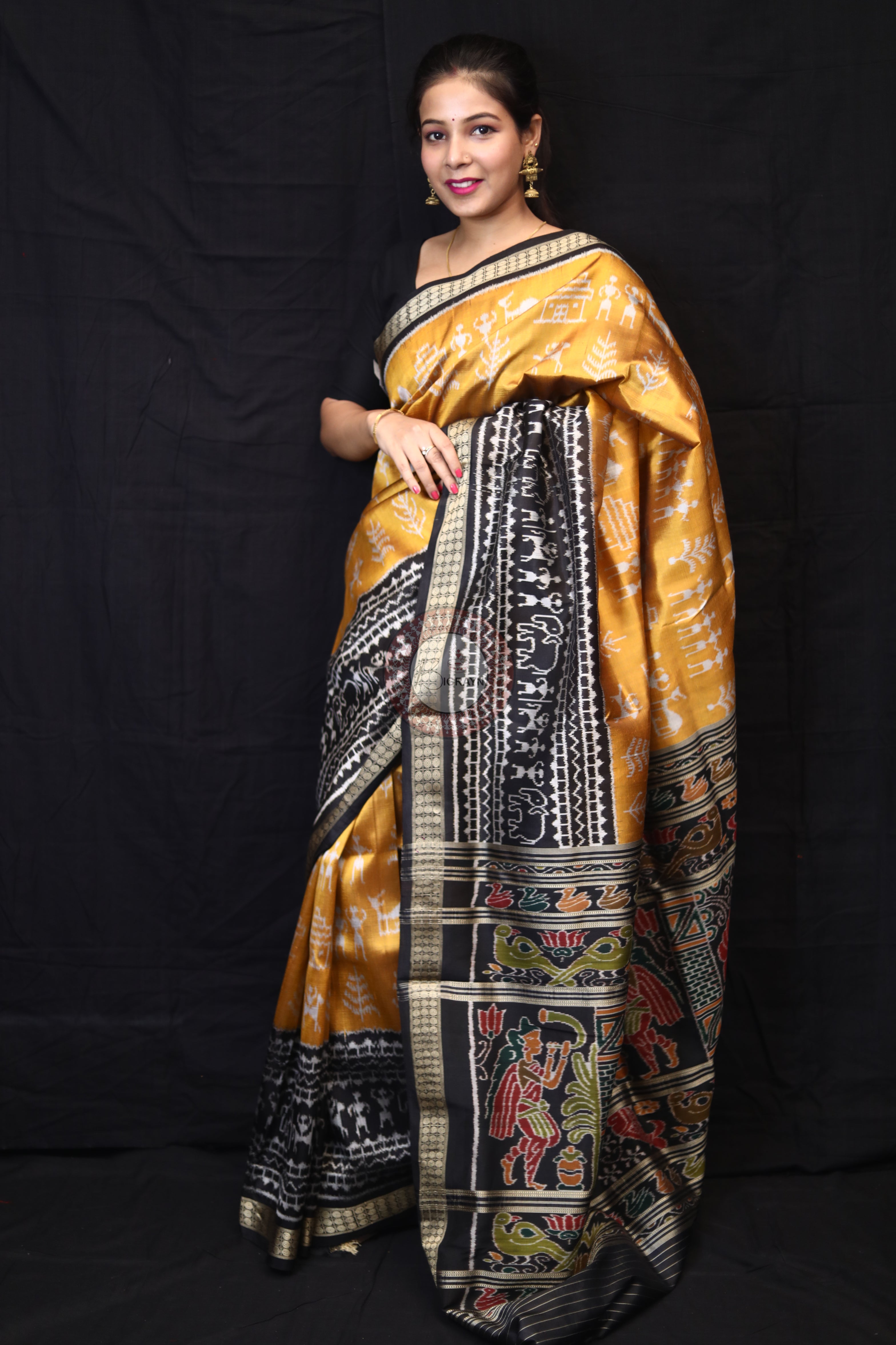 Golden Tribals Elephant Scot Mulberry Silk Saree