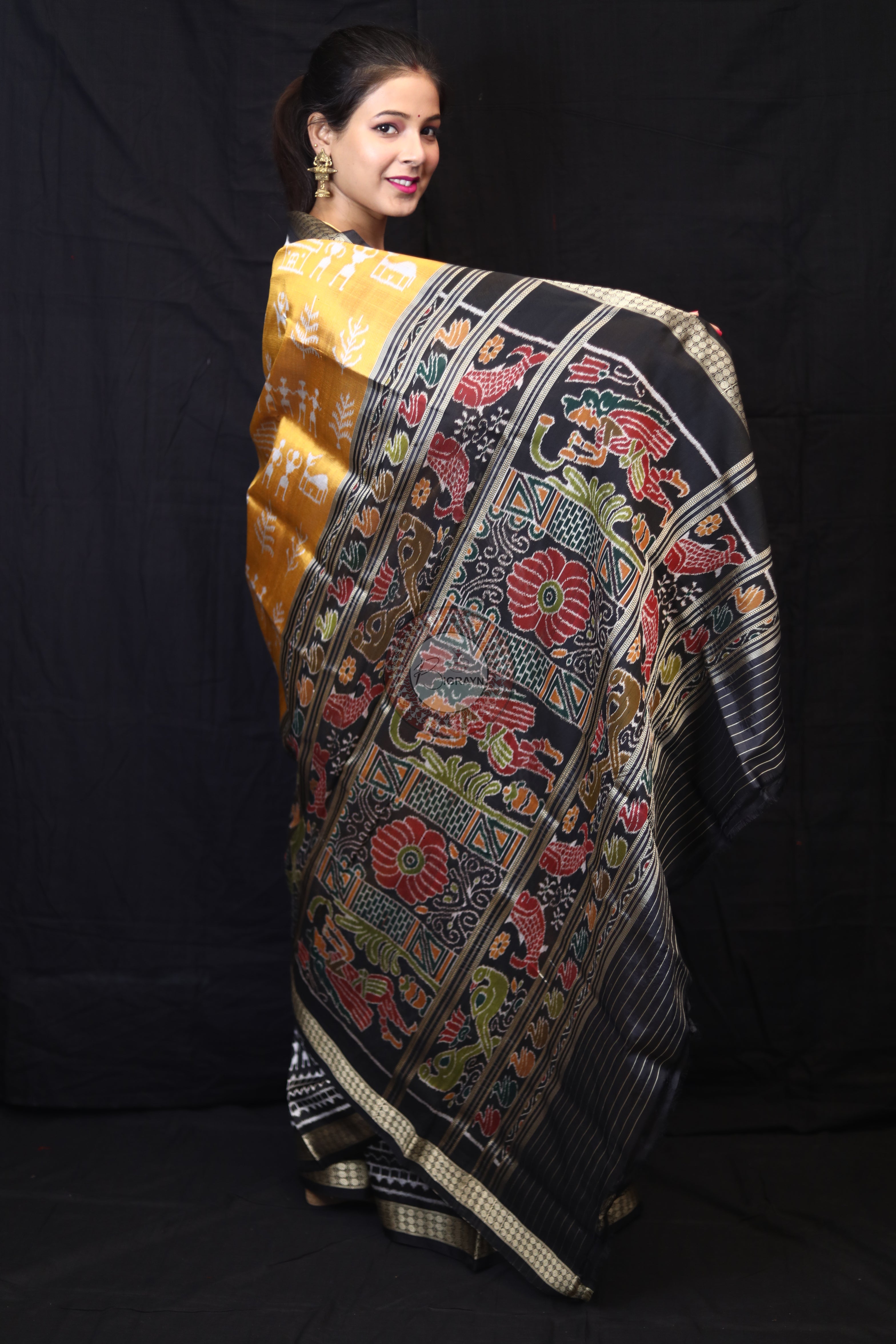 Golden Tribals Elephant Scot Mulberry Silk Saree