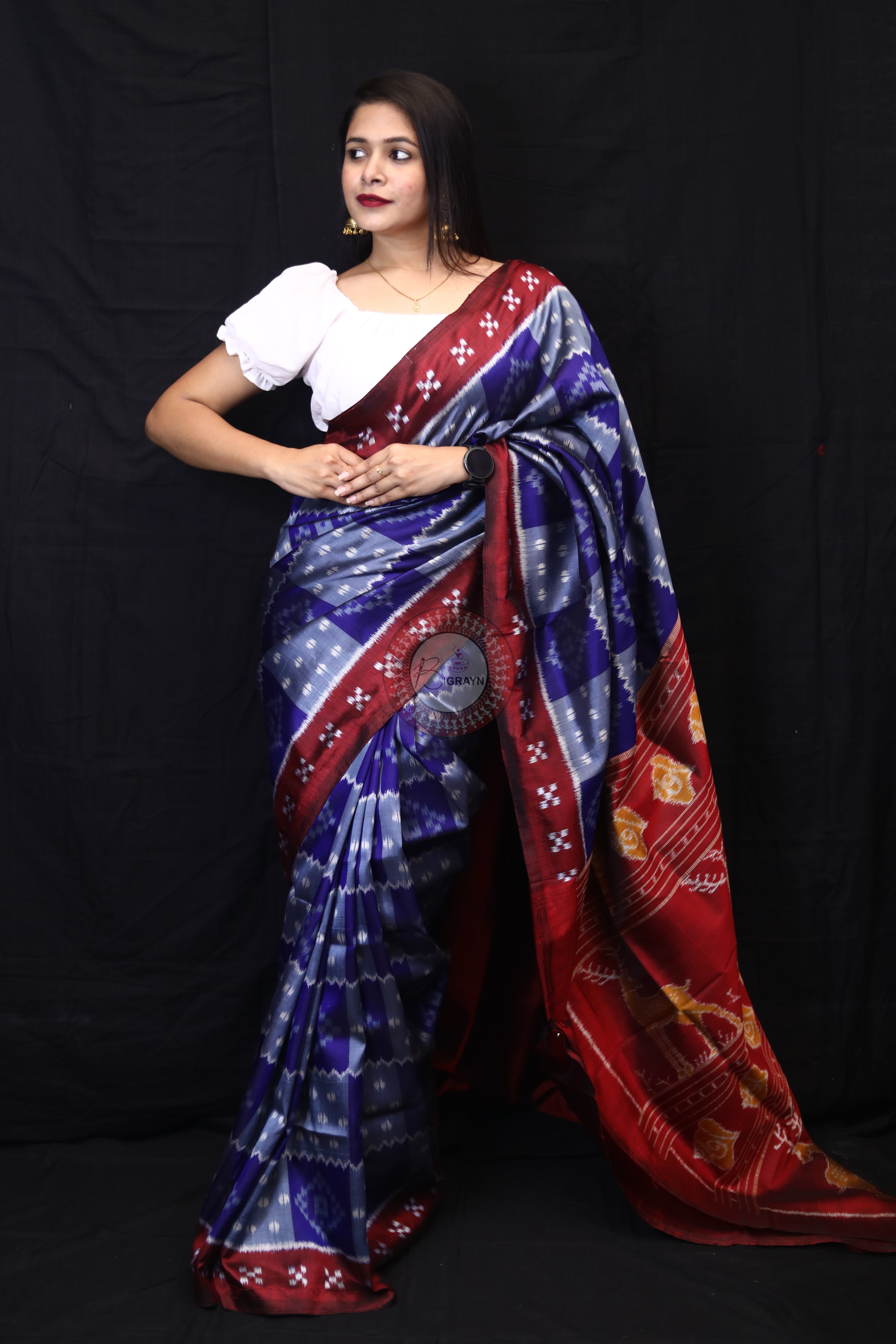 Grey Blue Box Pasapali Mulberry Silk Saree