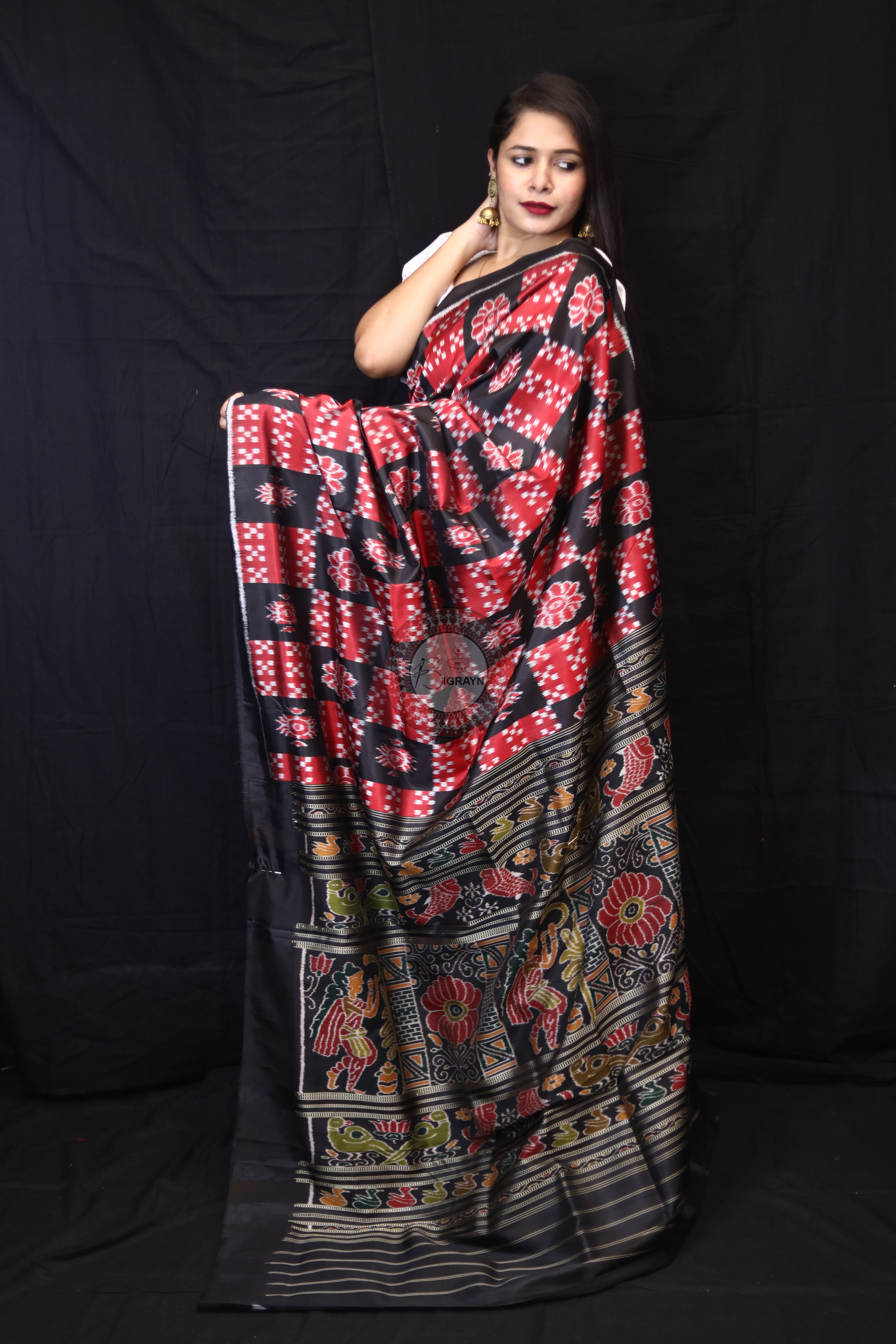 Red Black Flower Pasapali Boxes Mulberry Silk Saree