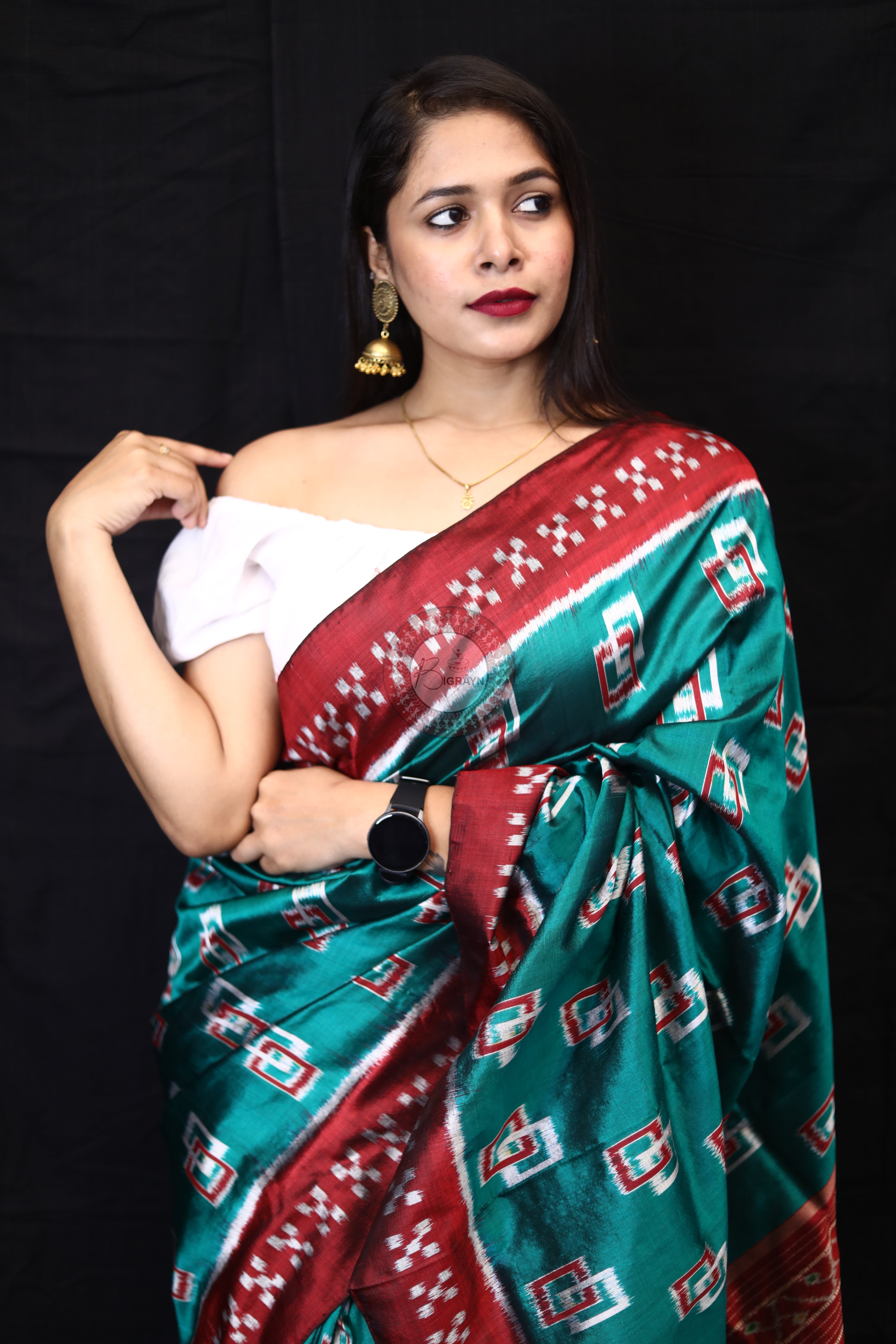 Sea Green Double Square Border Pasapali Mulberry Silk Saree