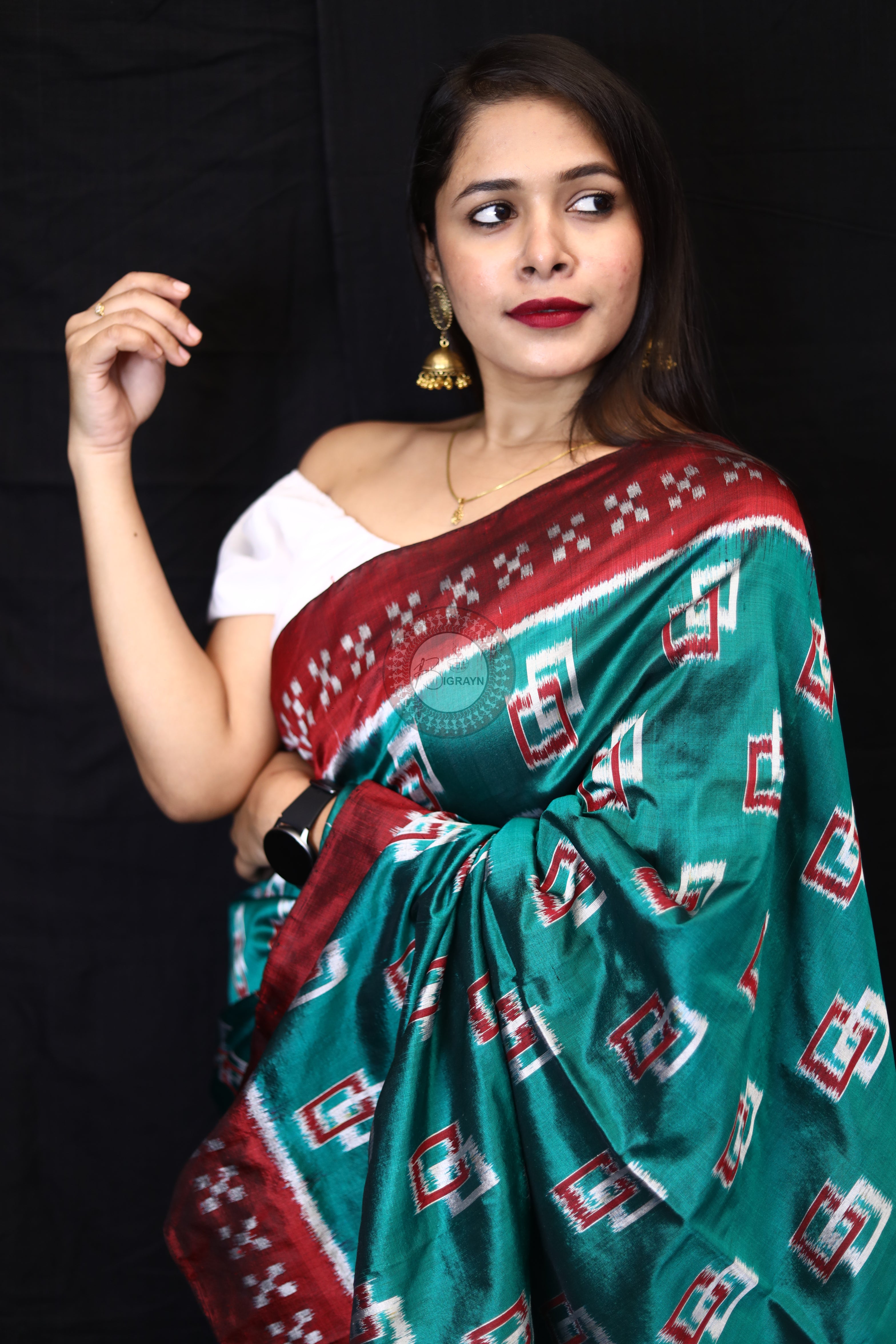 Sea Green Double Square Border Pasapali Mulberry Silk Saree