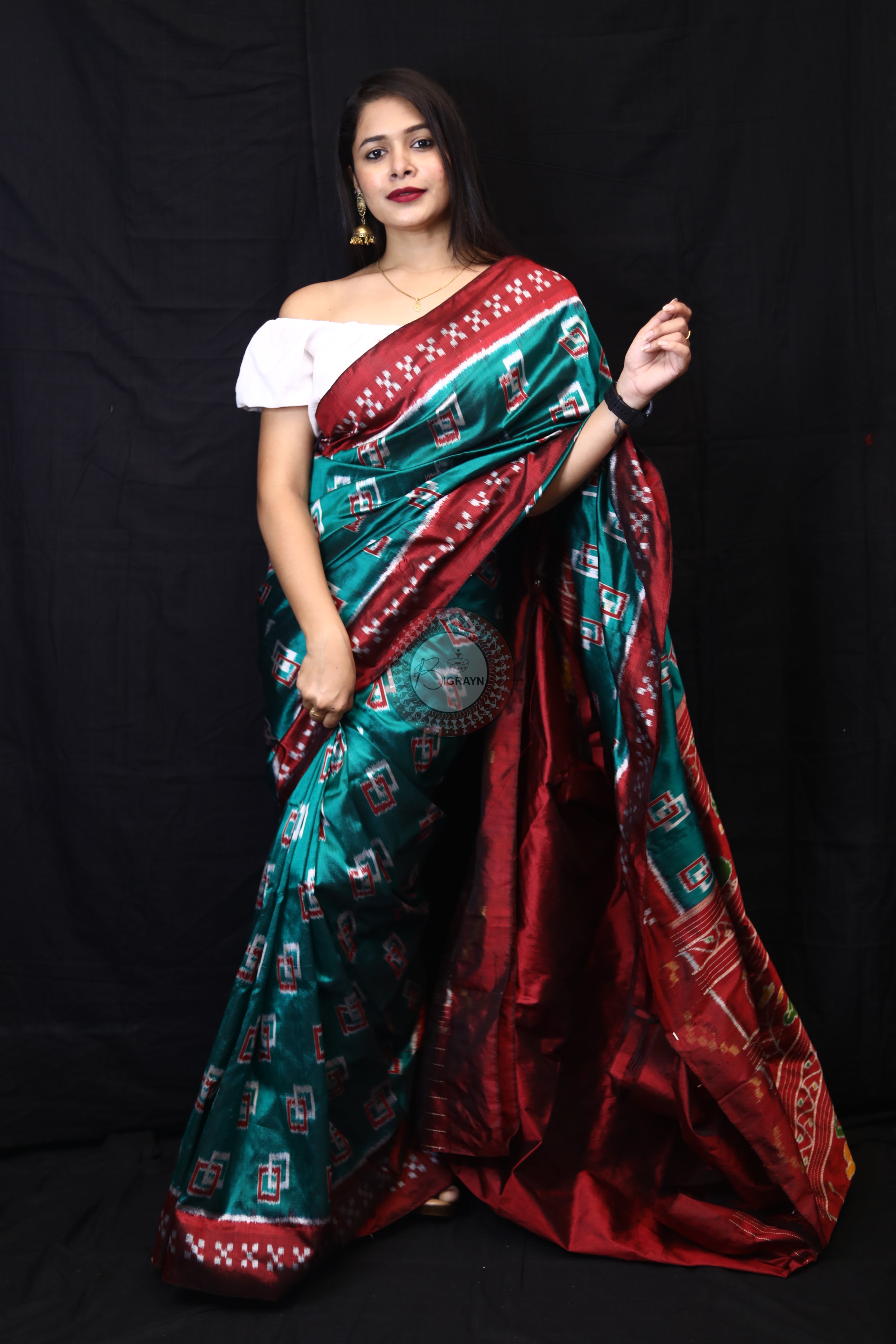 Sea Green Double Square Border Pasapali Mulberry Silk Saree