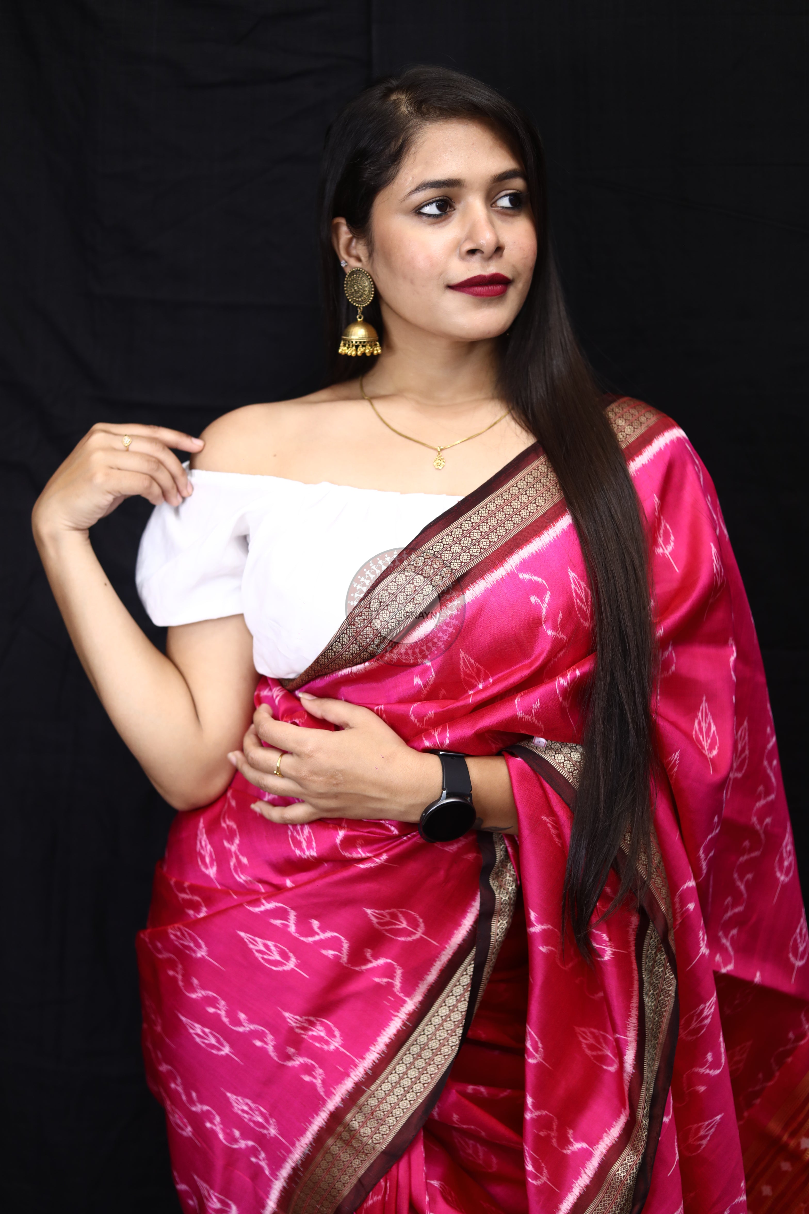 Magenta Coffee Body Leaves Mulberry Silk Saree