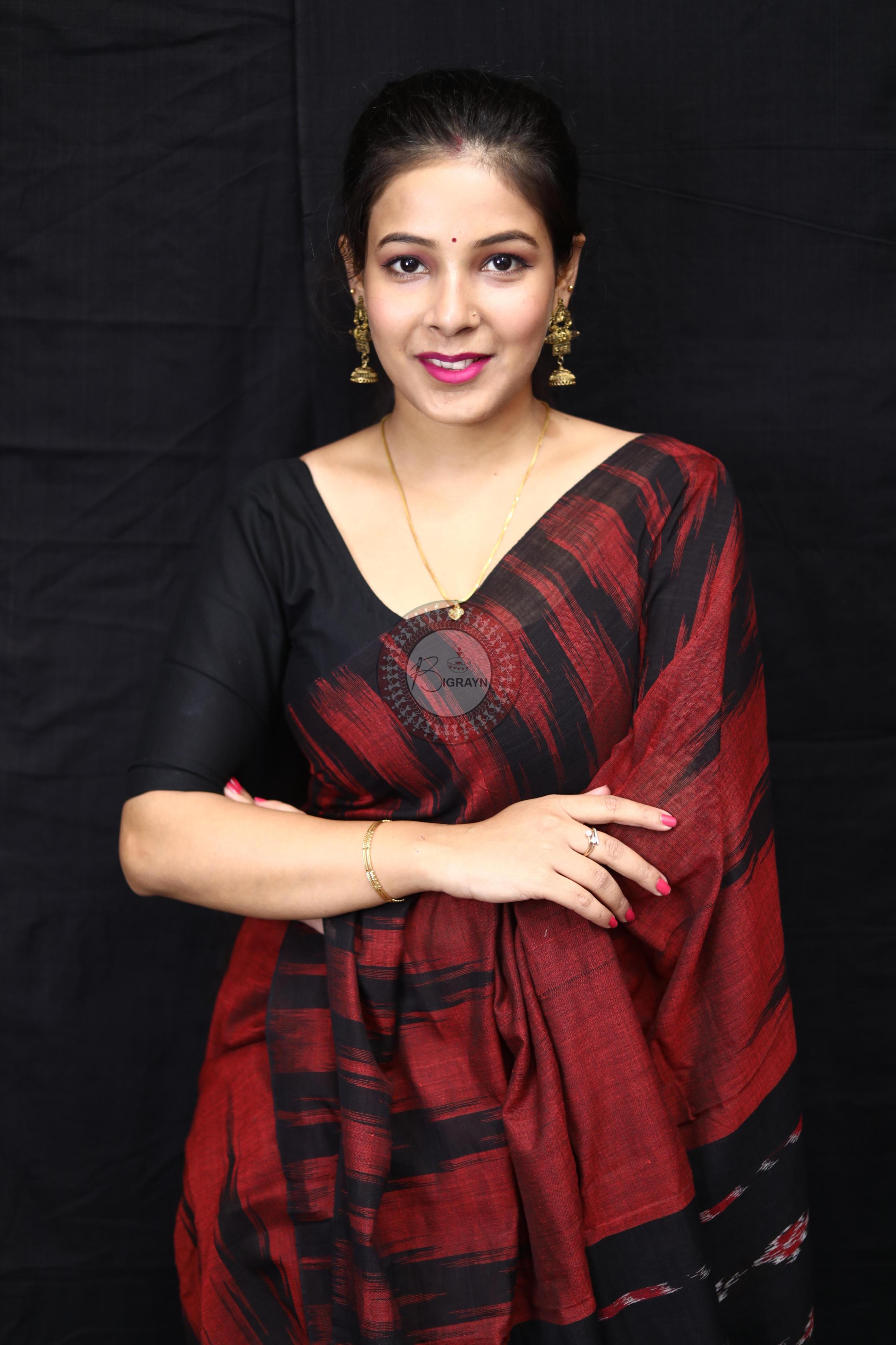 Maroon Black Kargil Kumbha Cotton Saree