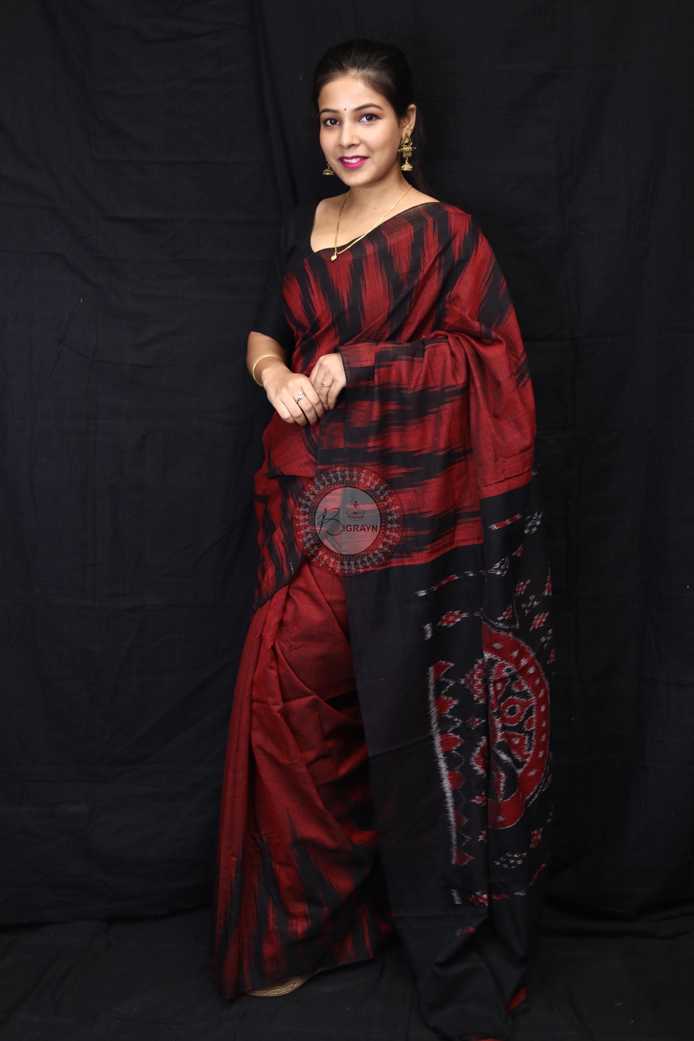 Maroon Black Kargil Kumbha Cotton Saree