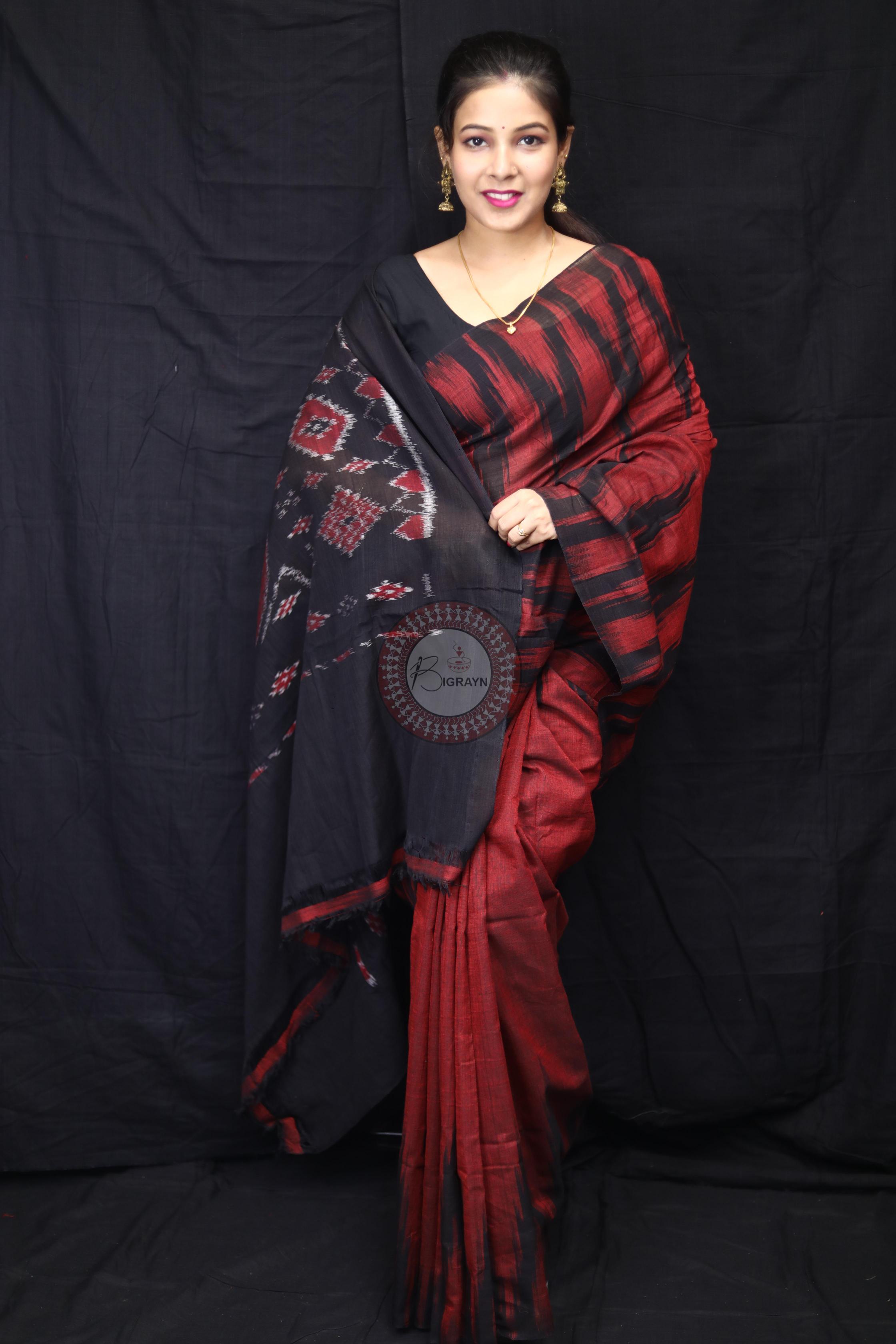 Maroon Black Kargil Kumbha Cotton Saree