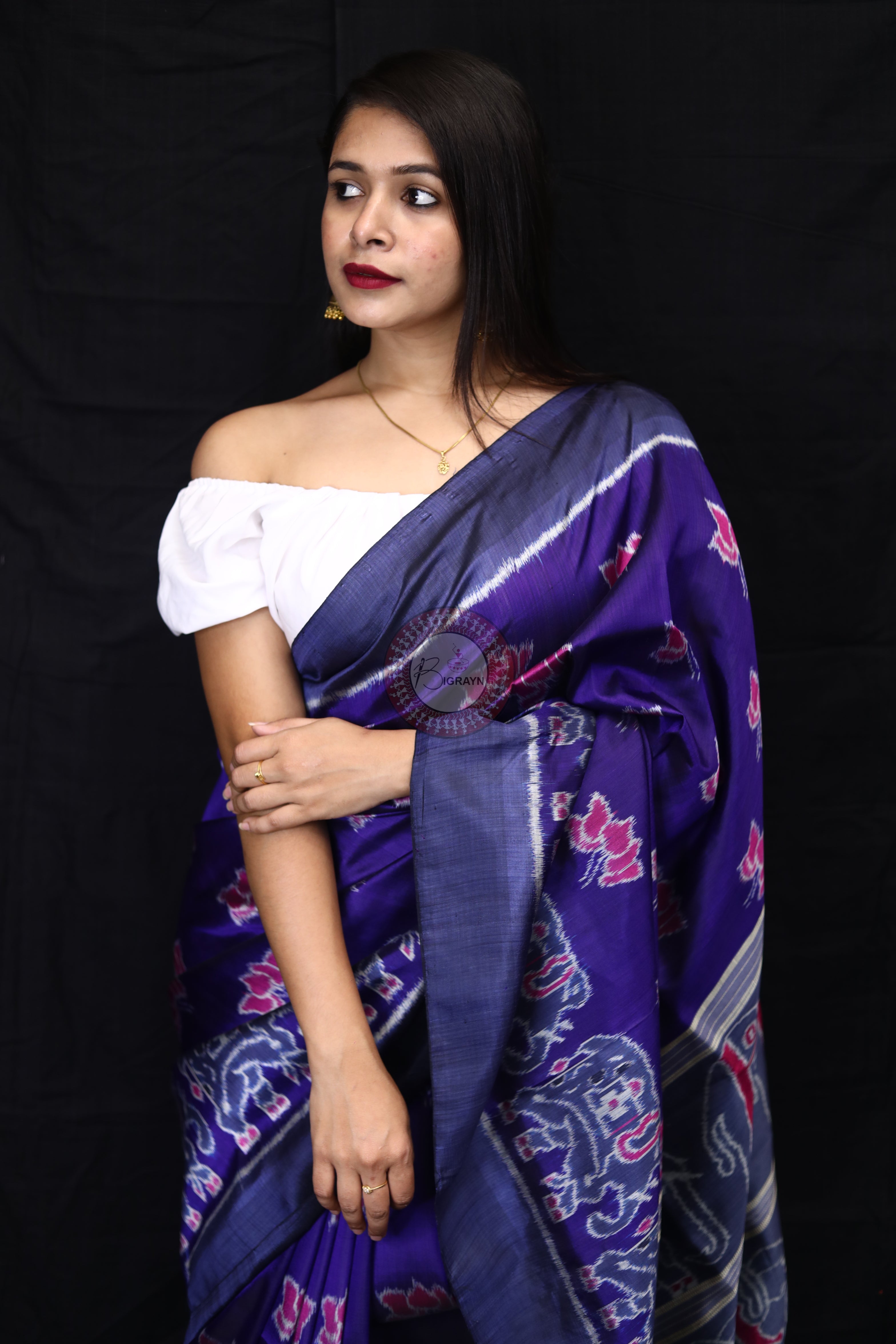 Purple Lotus Elephant Mulberry Silk Saree