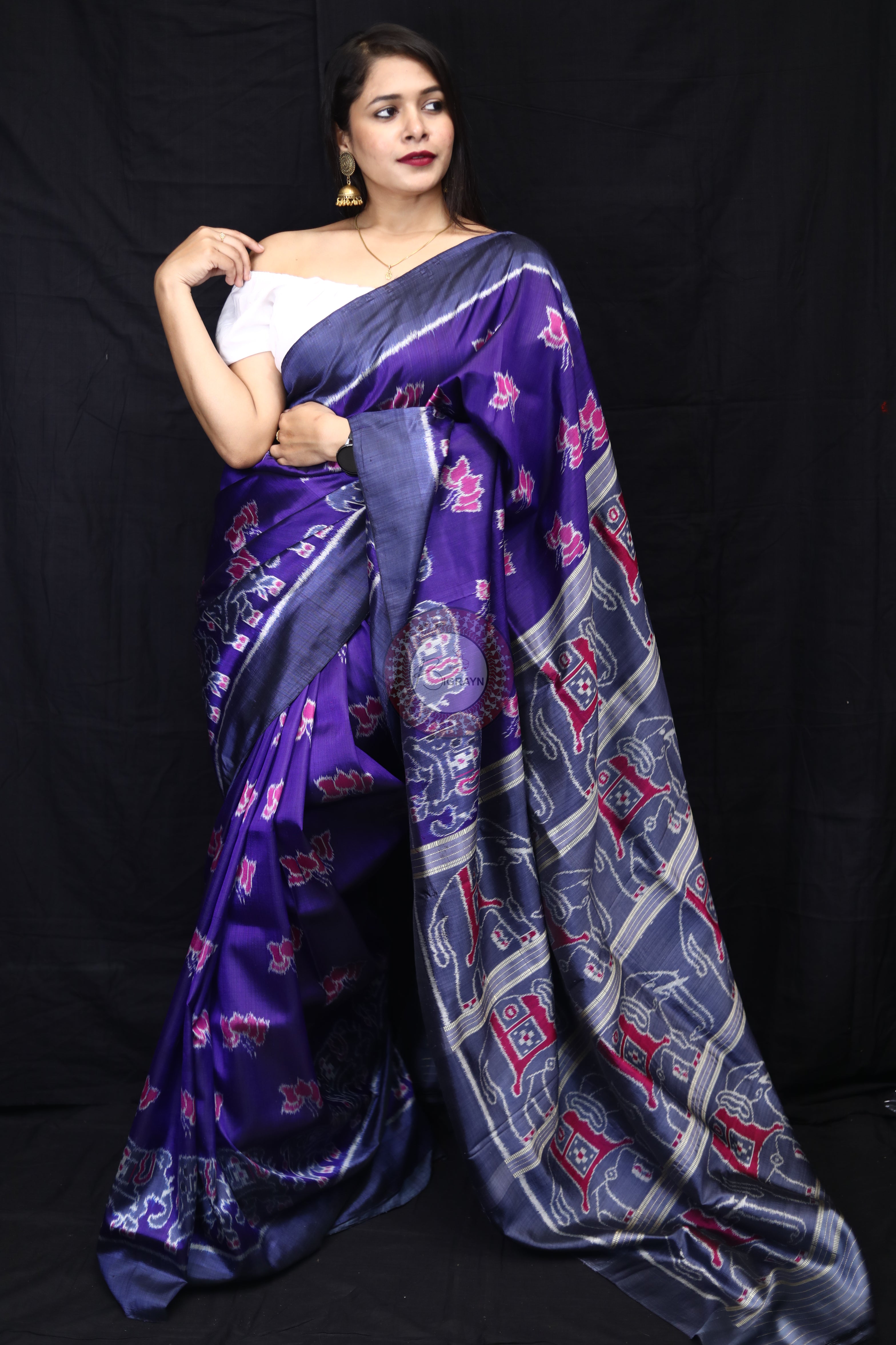 Purple Lotus Elephant Scot Mulberry Silk Saree