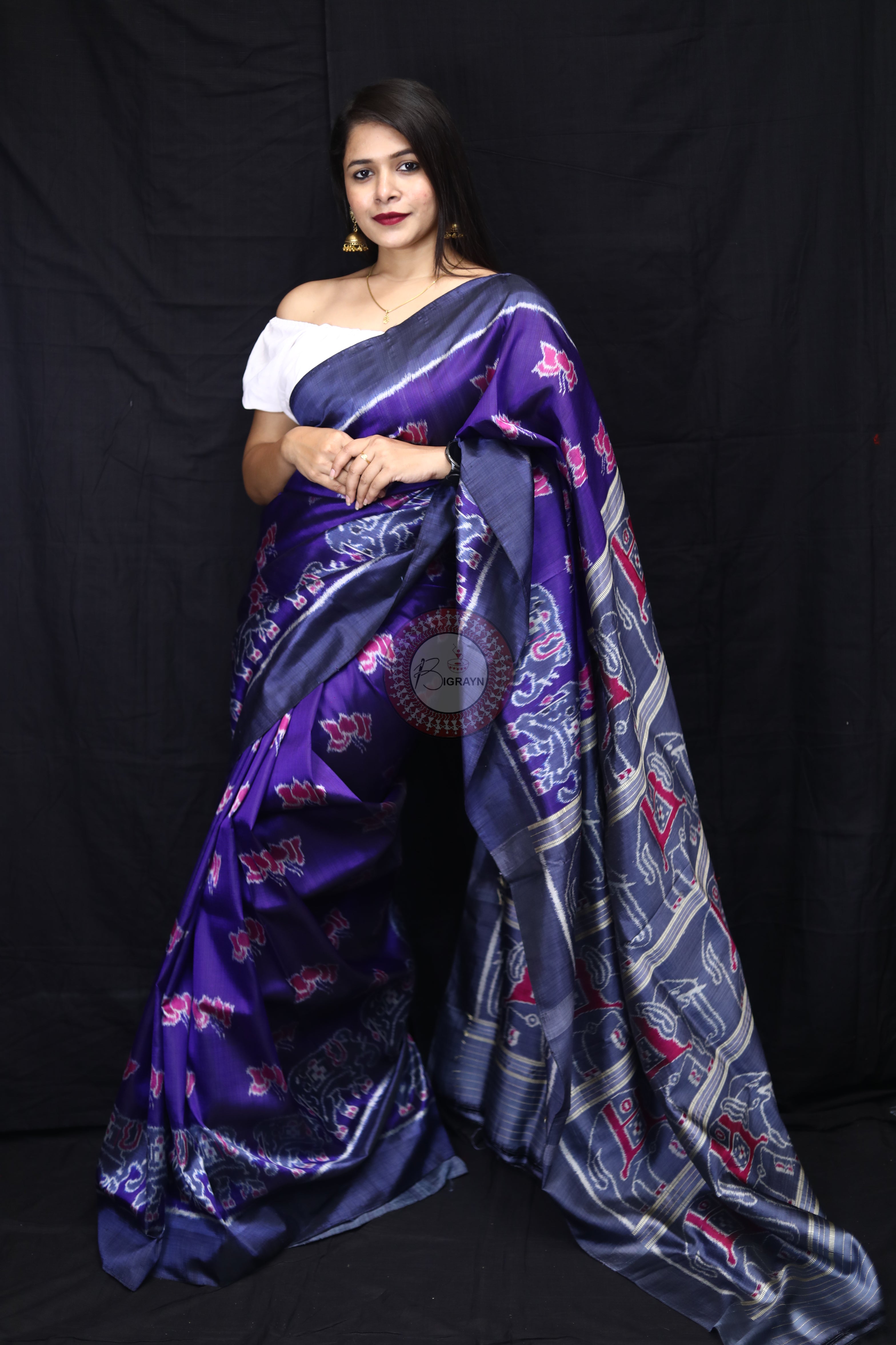 Purple Lotus Elephant Mulberry Silk Saree