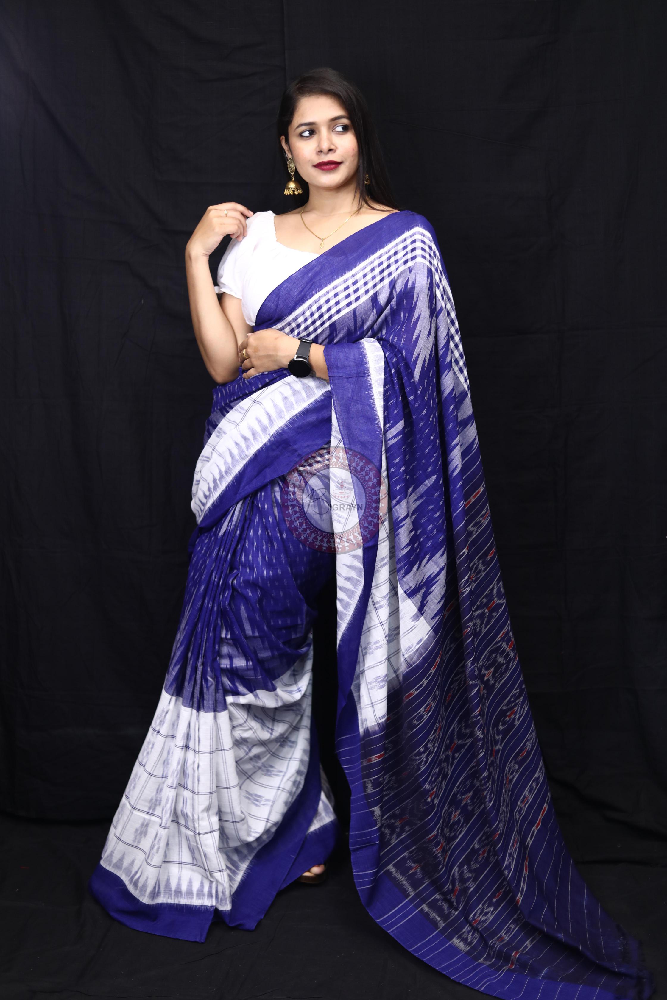 Blue White Scot Kargil Kumbha Cotton Saree