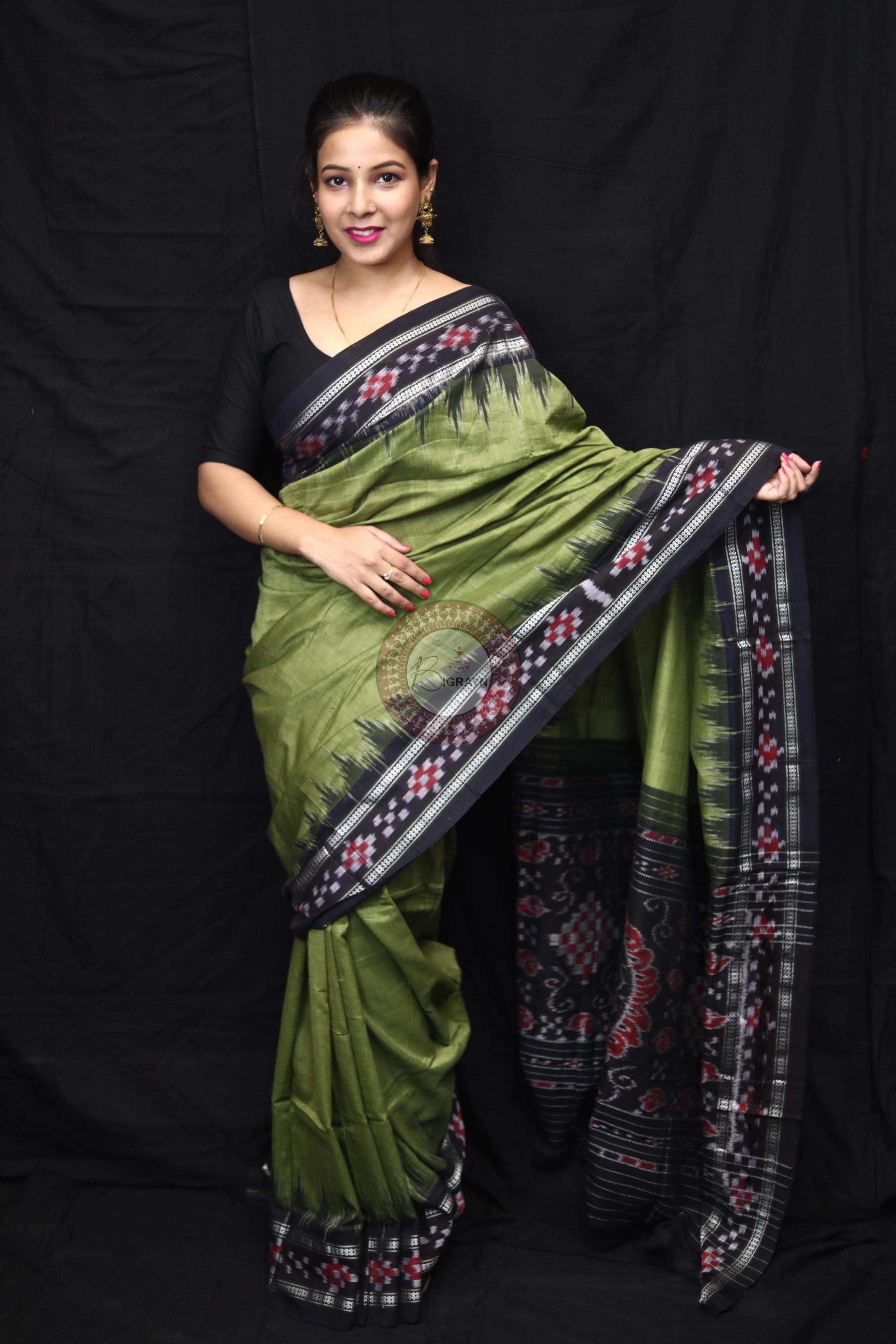 Mehndi Black Rekha Pasapali Khandua Cotton Saree