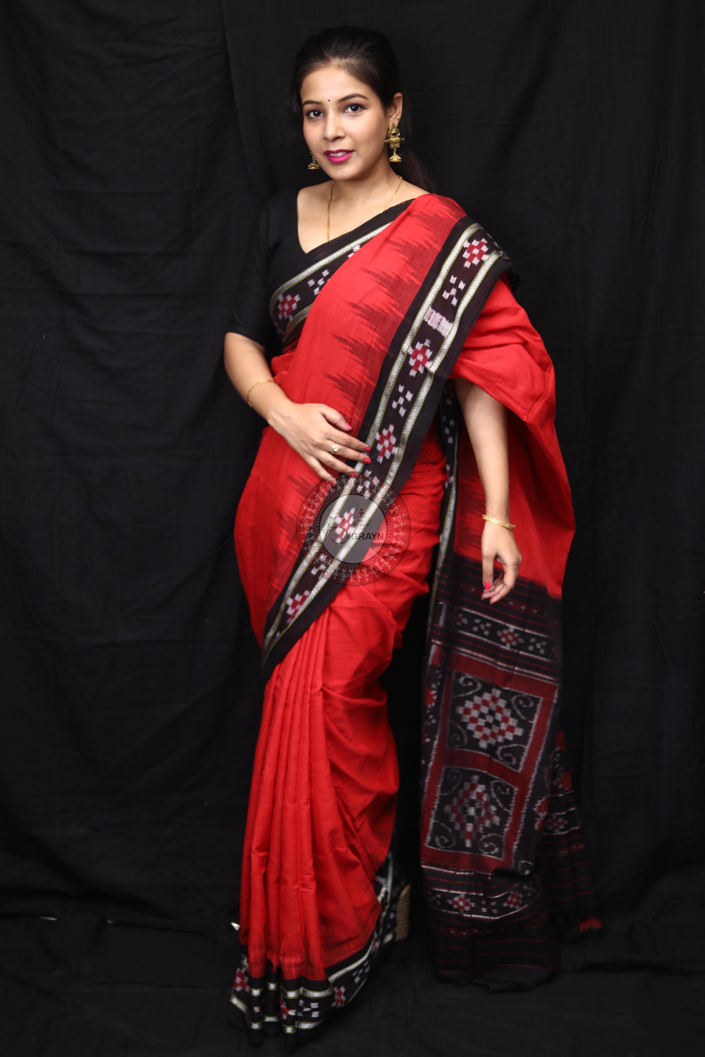 Red Black Rekha Pasapali Khandua Cotton Saree