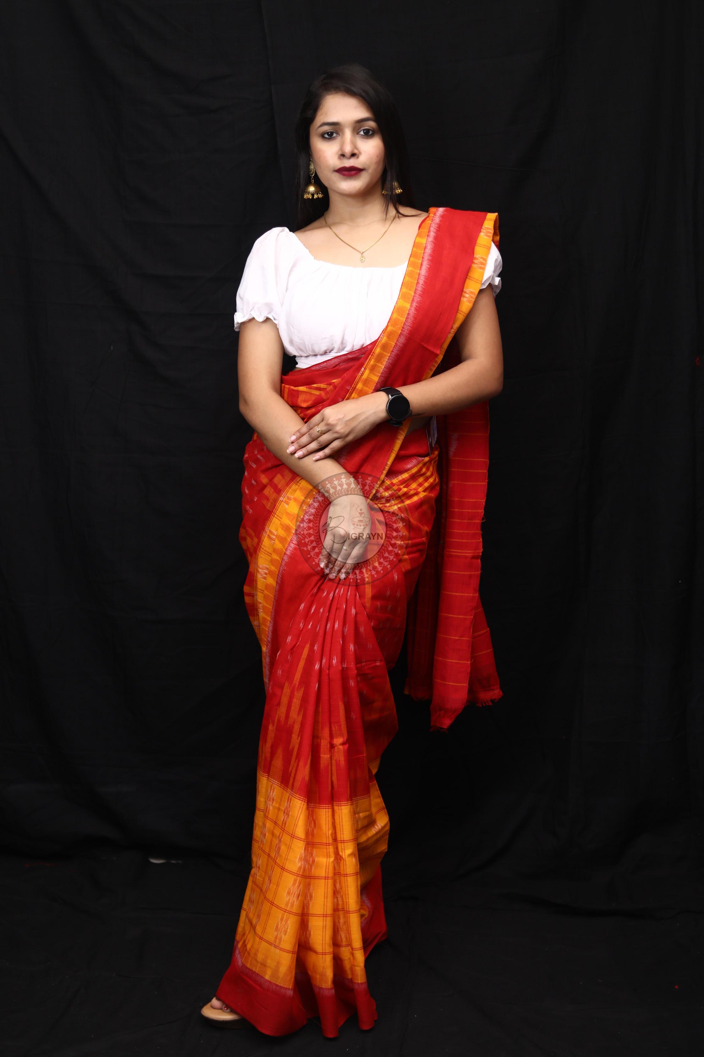 Yellow Red Scot Kargil Kumbha Cotton Saree