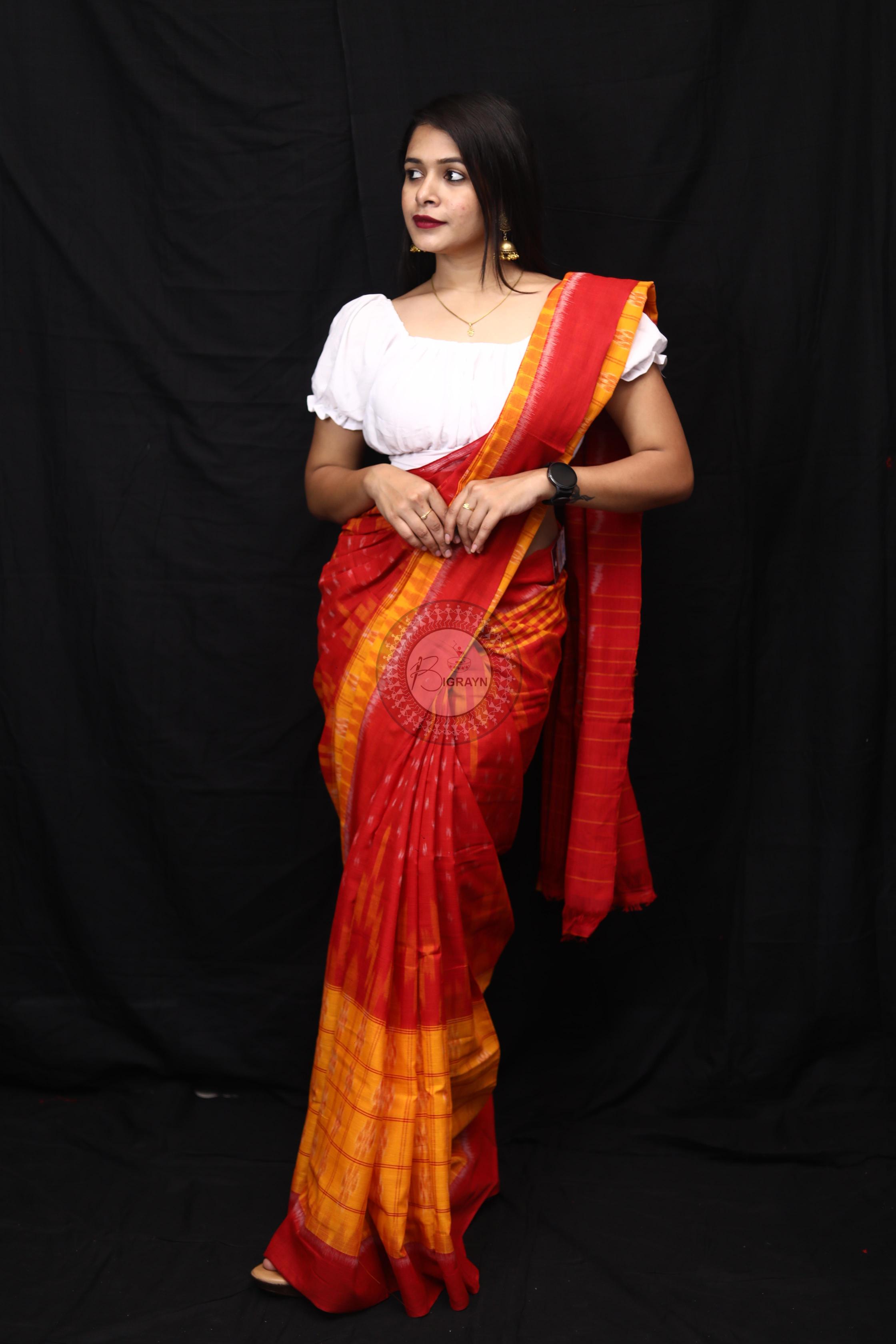 Yellow Red Scot Kargil Kumbha Cotton Saree