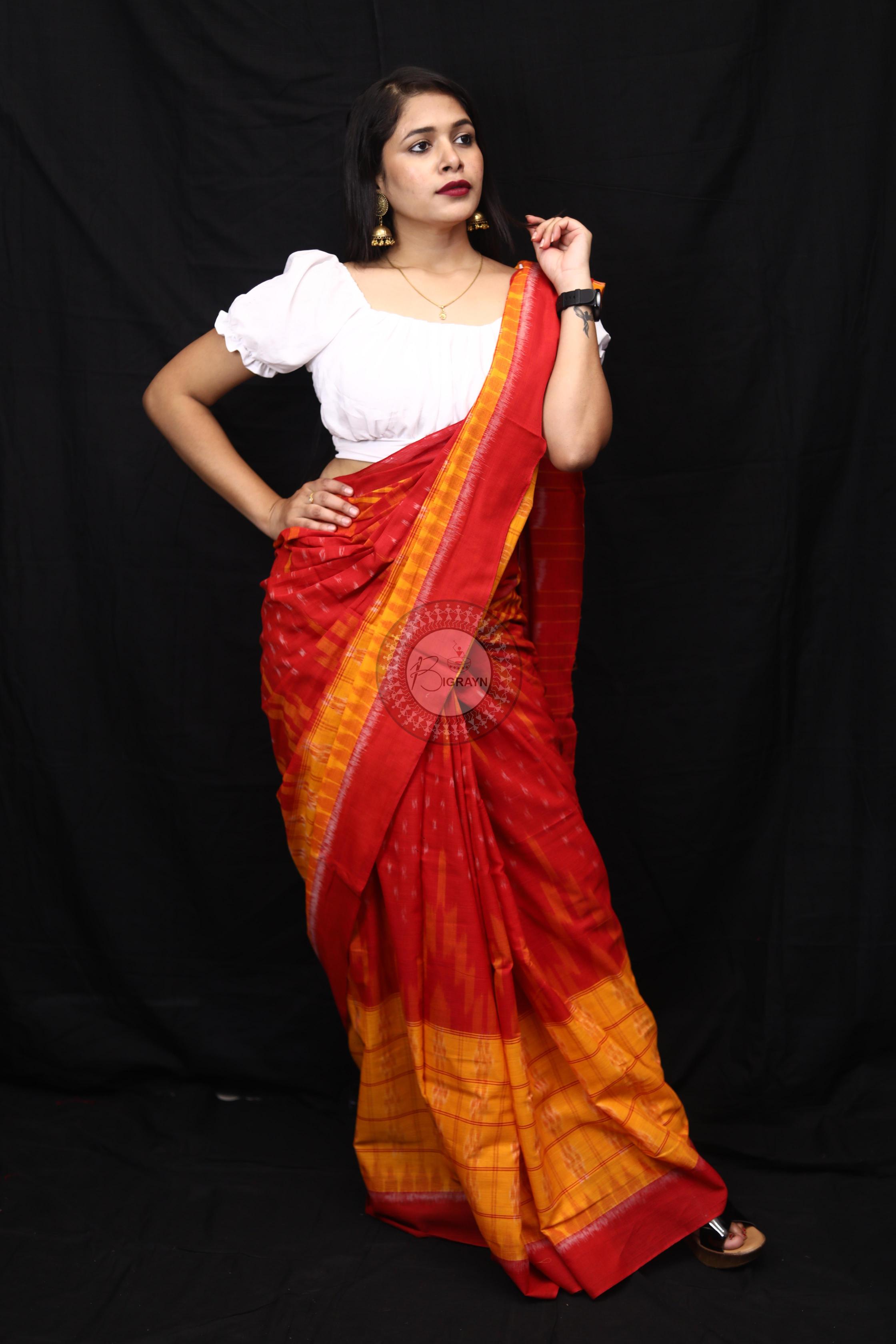 Yellow Red Scot Kargil Kumbha Cotton Saree