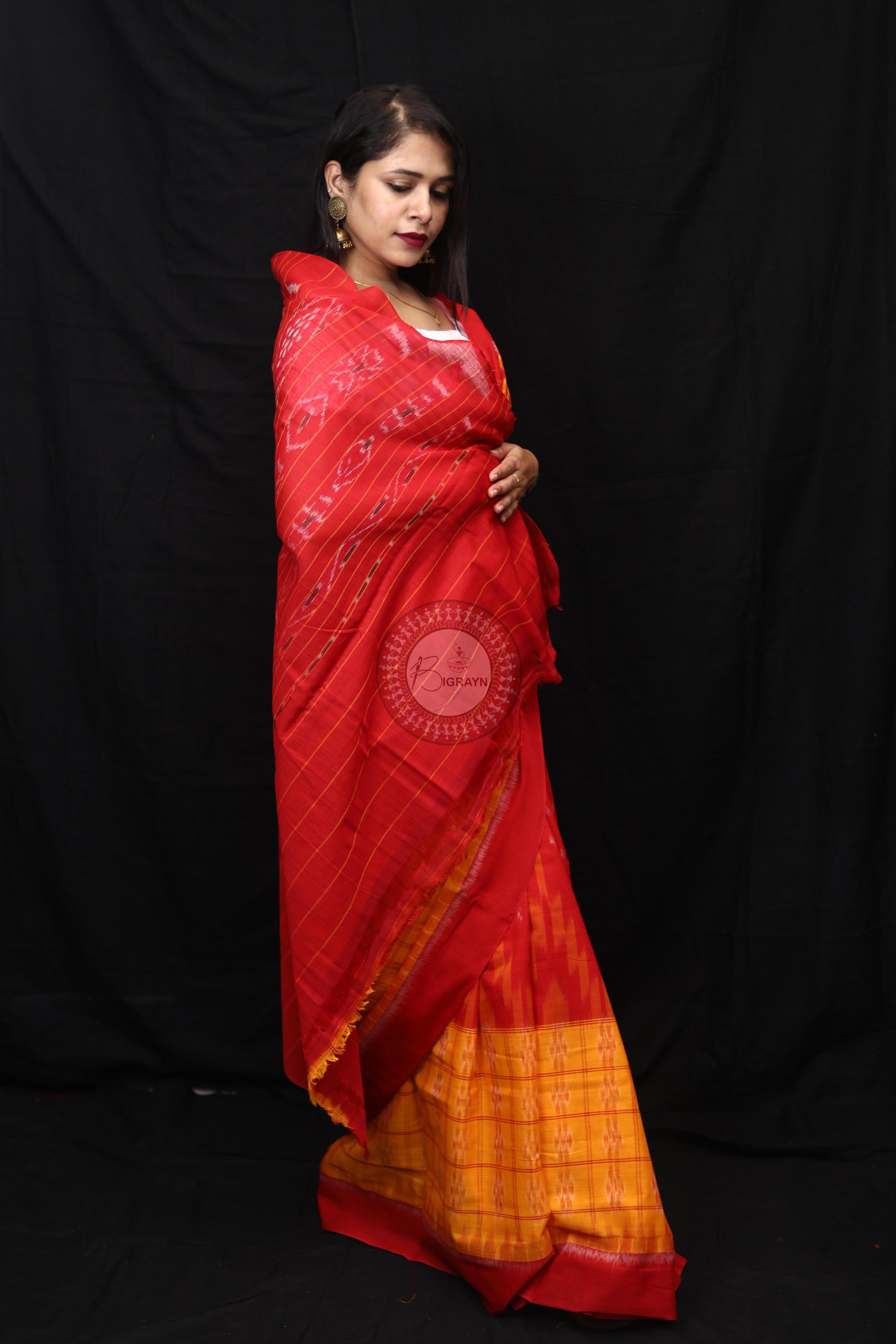 Yellow Red Scot Kargil Kumbha Cotton Saree