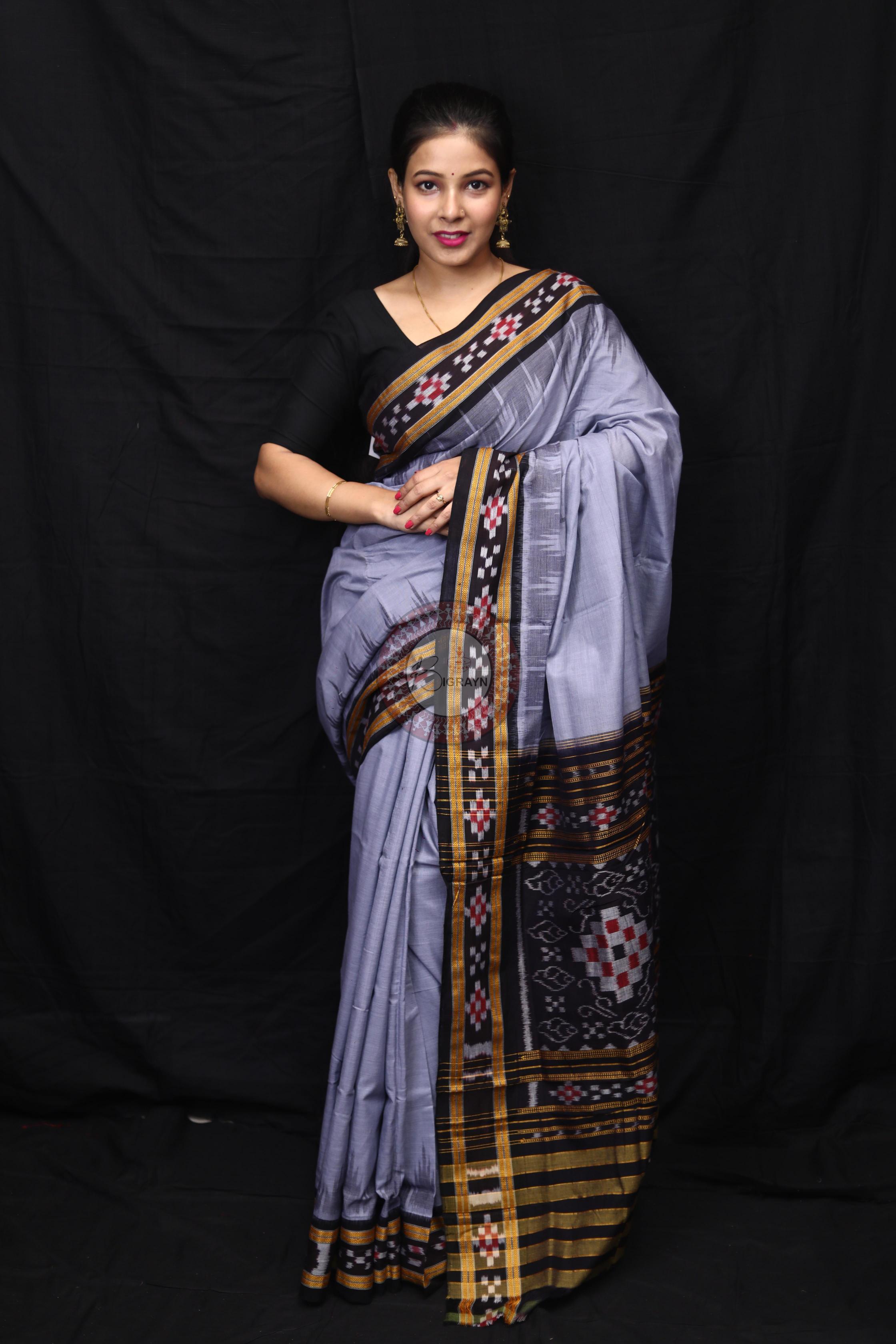 Grey Black Rekha Pasapali Khandua Cotton Saree