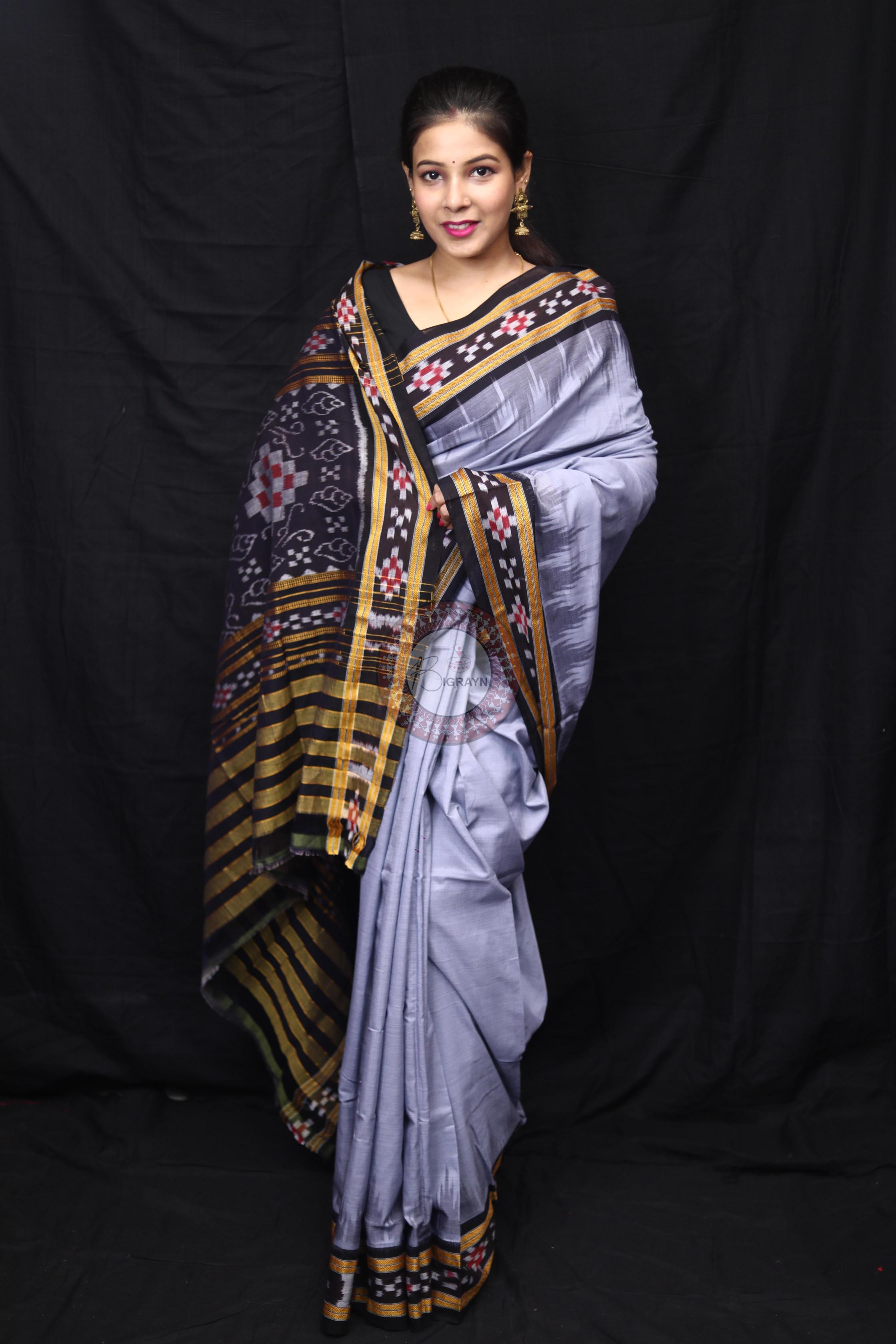 Grey Black Rekha Pasapali Khandua Cotton Saree
