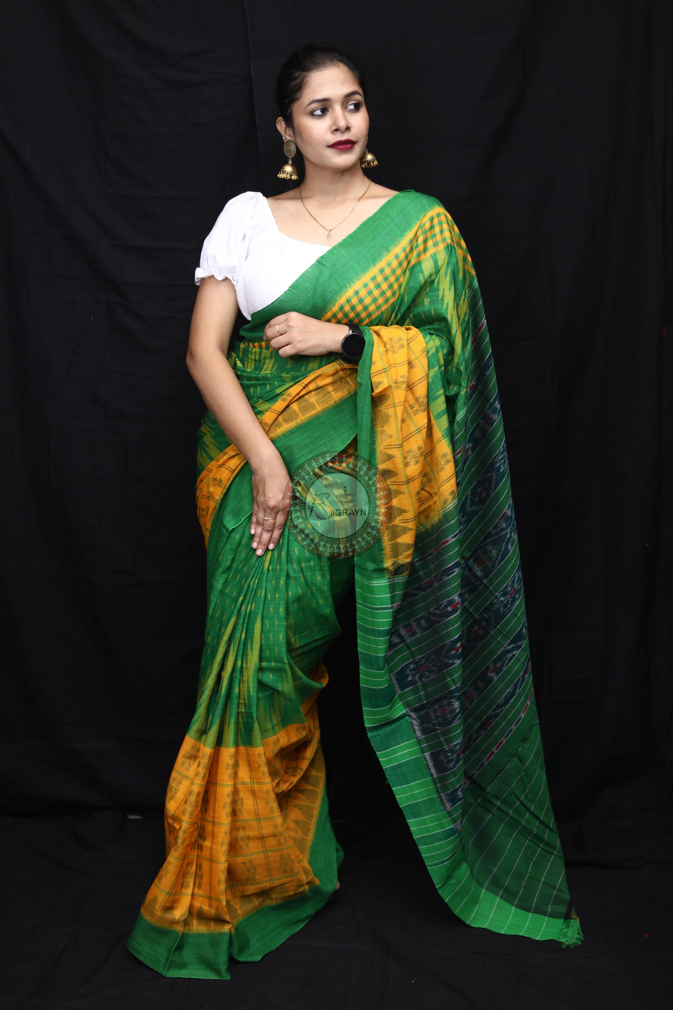 Yellow Green Scot Kargil Kumbha Cotton Saree