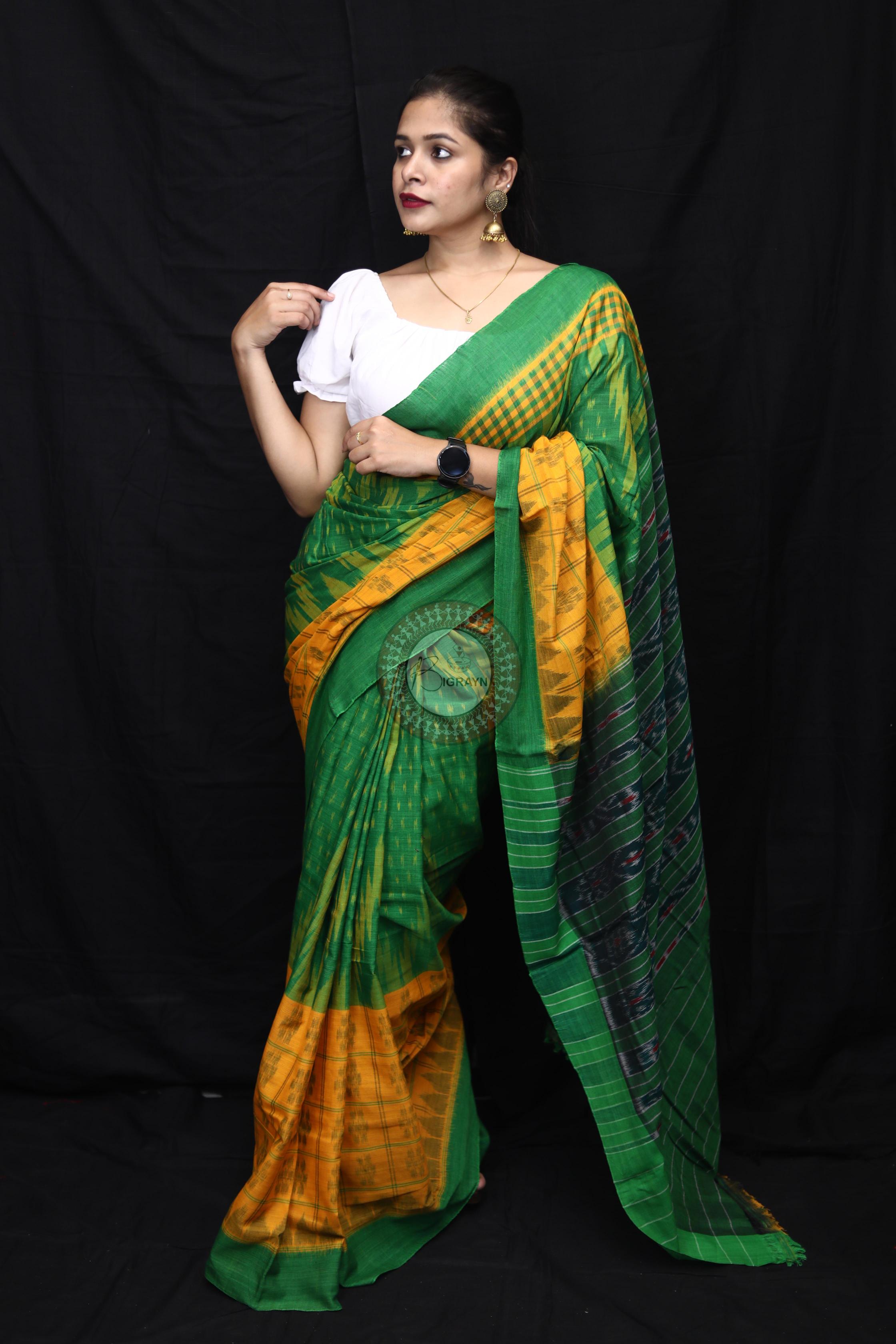 Yellow Green Scot Kargil Kumbha Cotton Saree