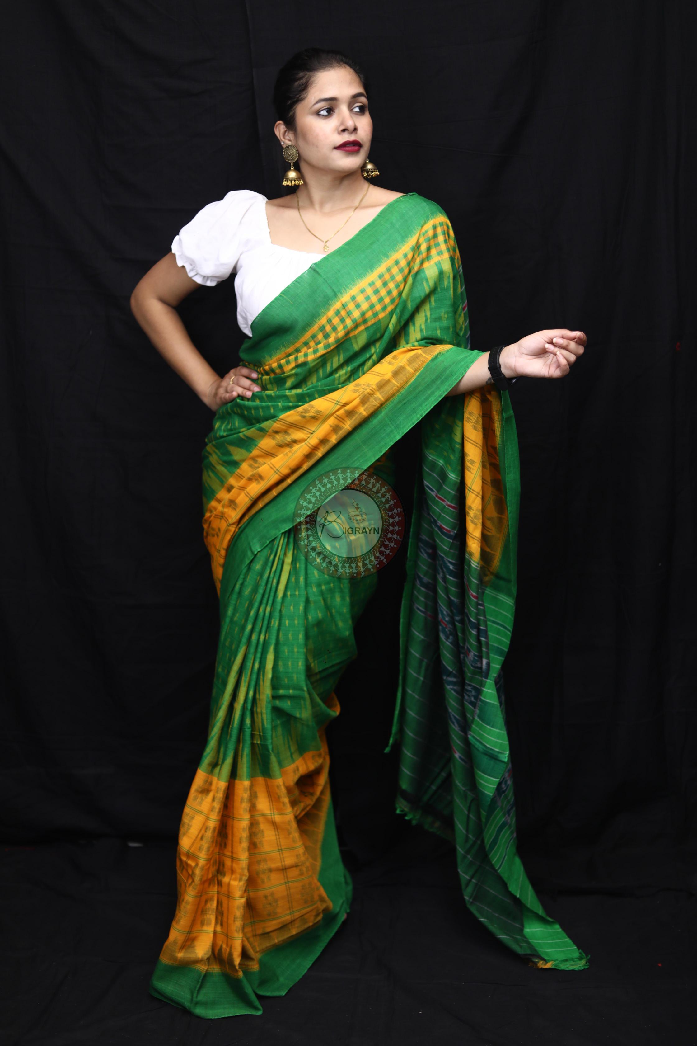 Yellow Green Scot Kargil Kumbha Cotton Saree