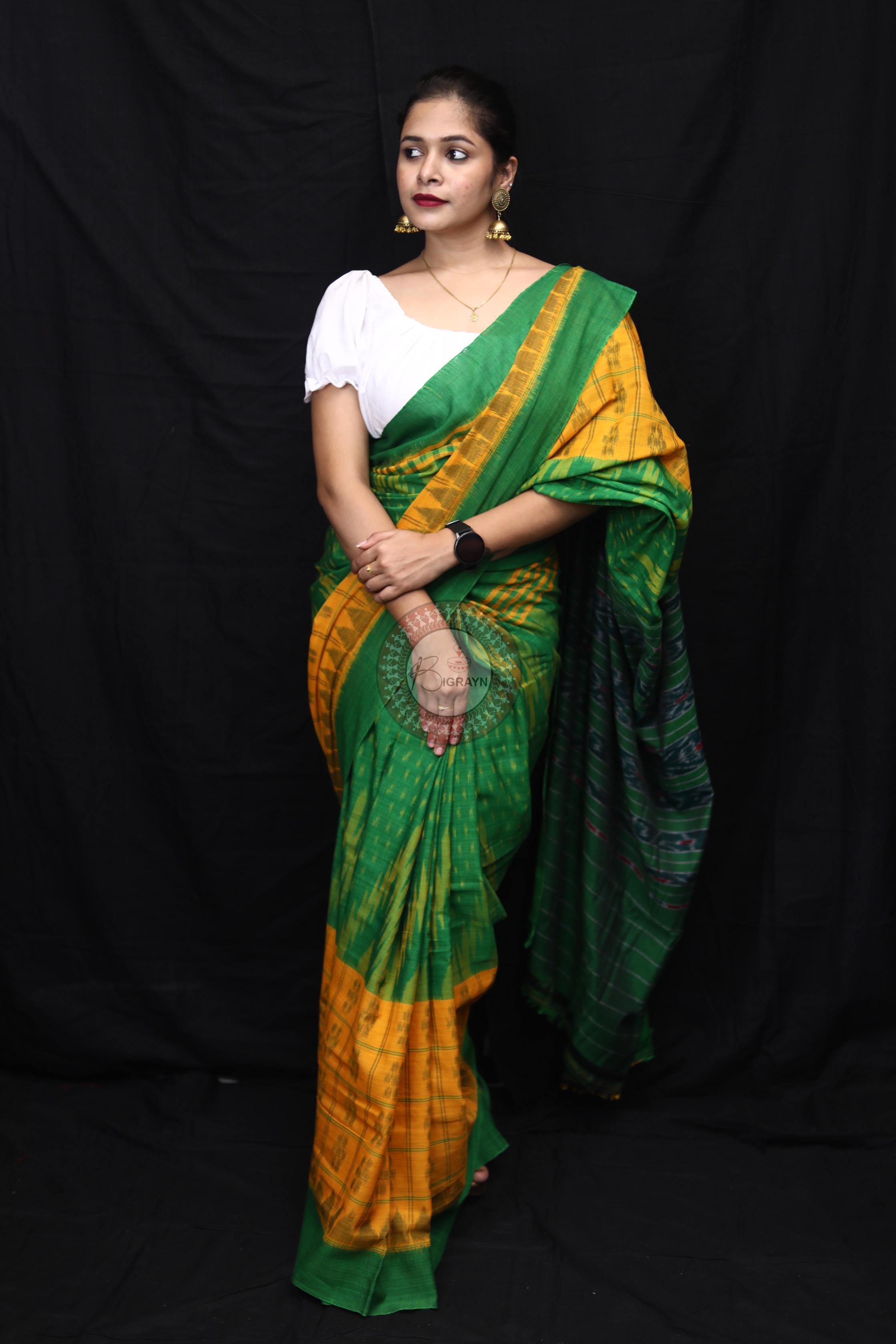 Yellow Green Scot Kargil Kumbha Cotton Saree