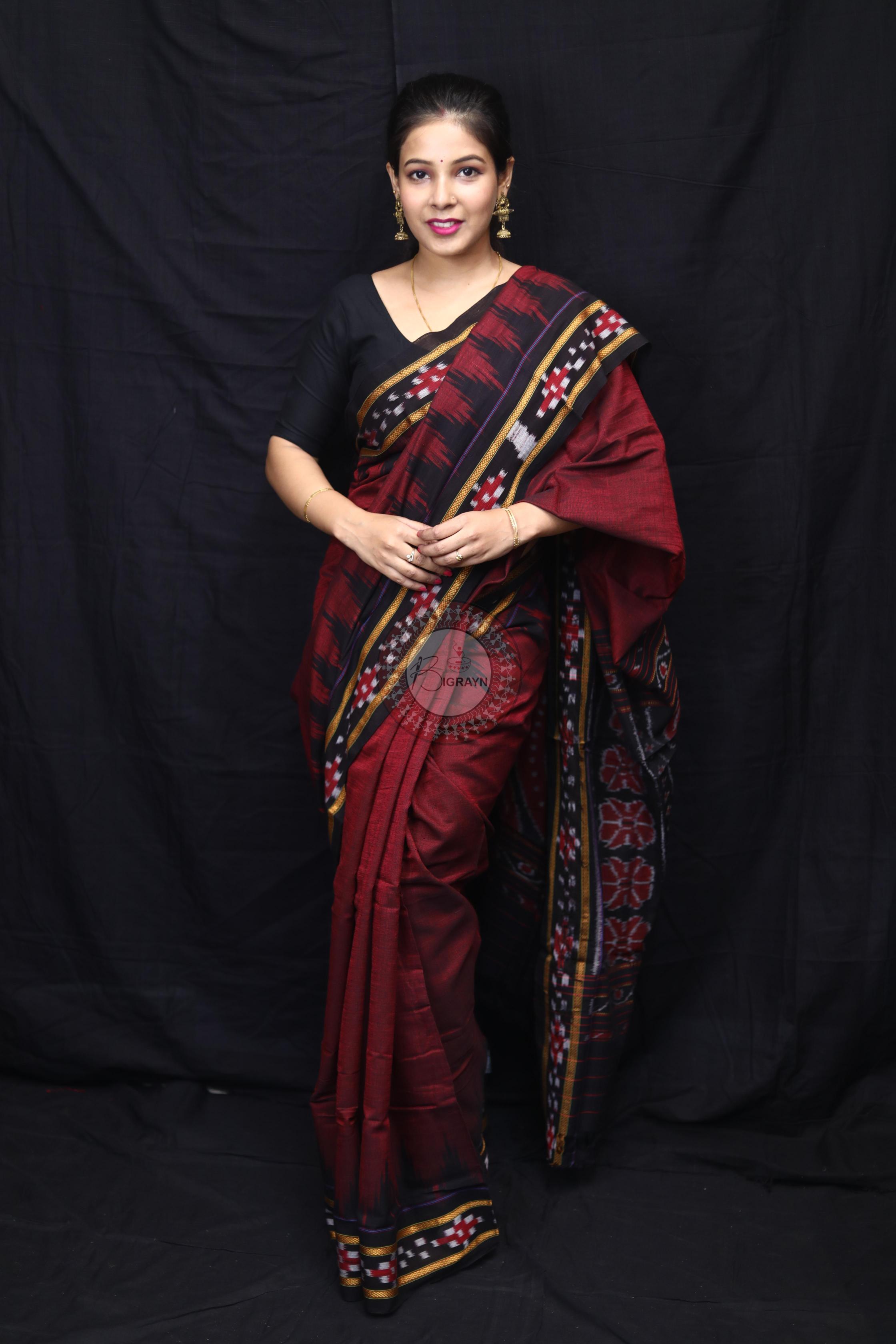 Maroon Black Rekha Pasapali Khandua Cotton Saree