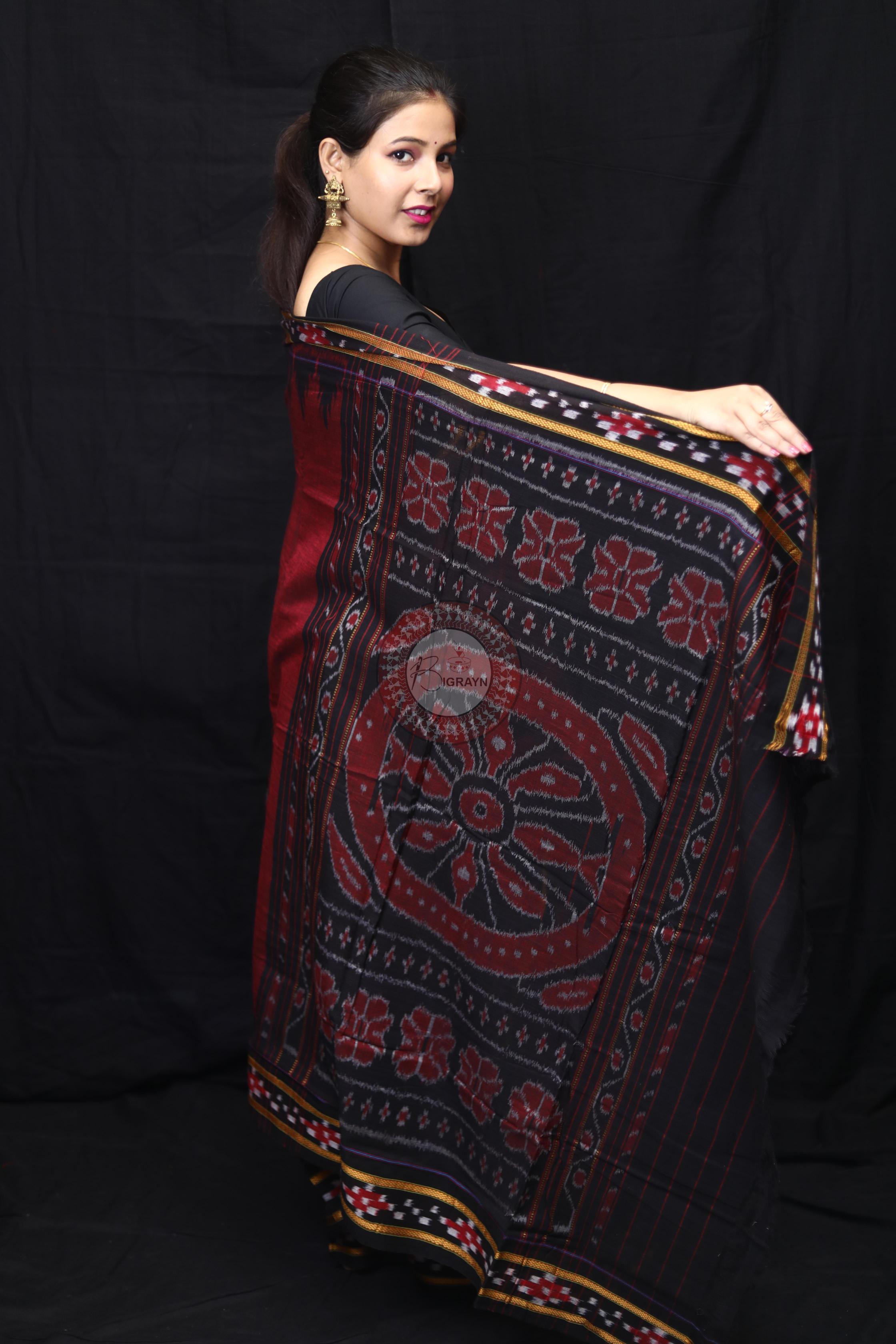 Maroon Black Rekha Pasapali Khandua Cotton Saree