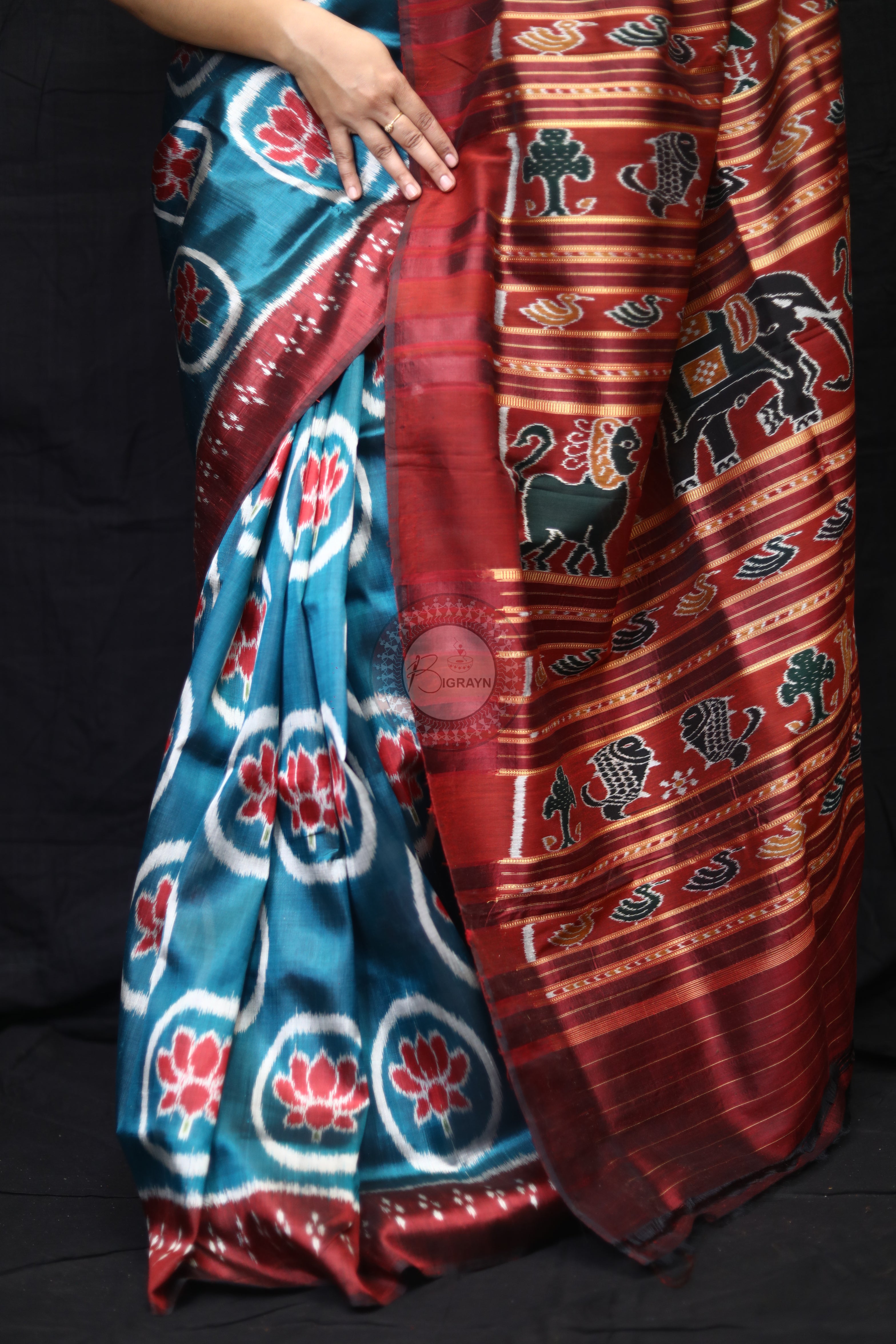 Teal Blue Circle Lotus Mulberry Silk Saree
