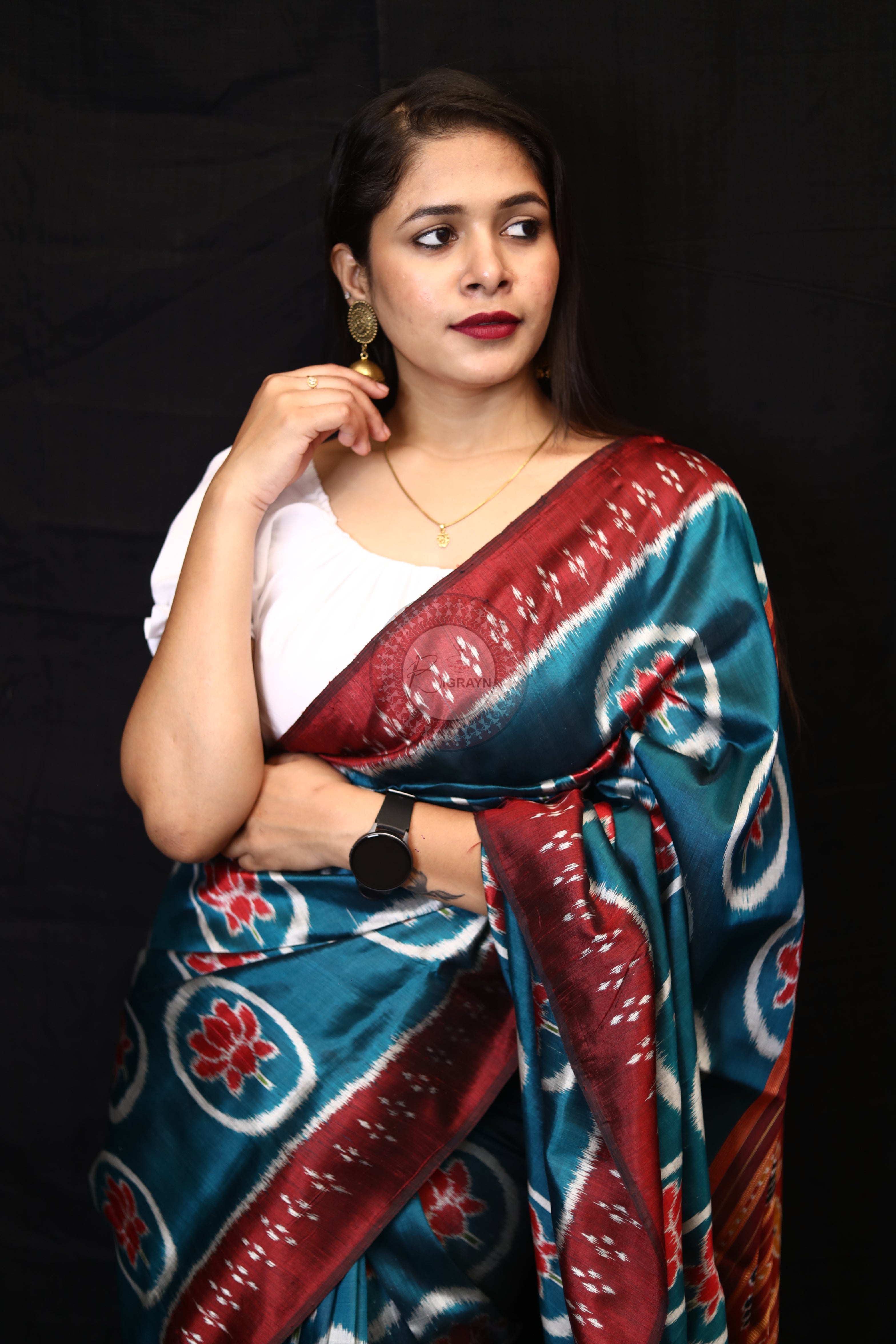 Teal Blue Circle Lotus Mulberry Silk Saree