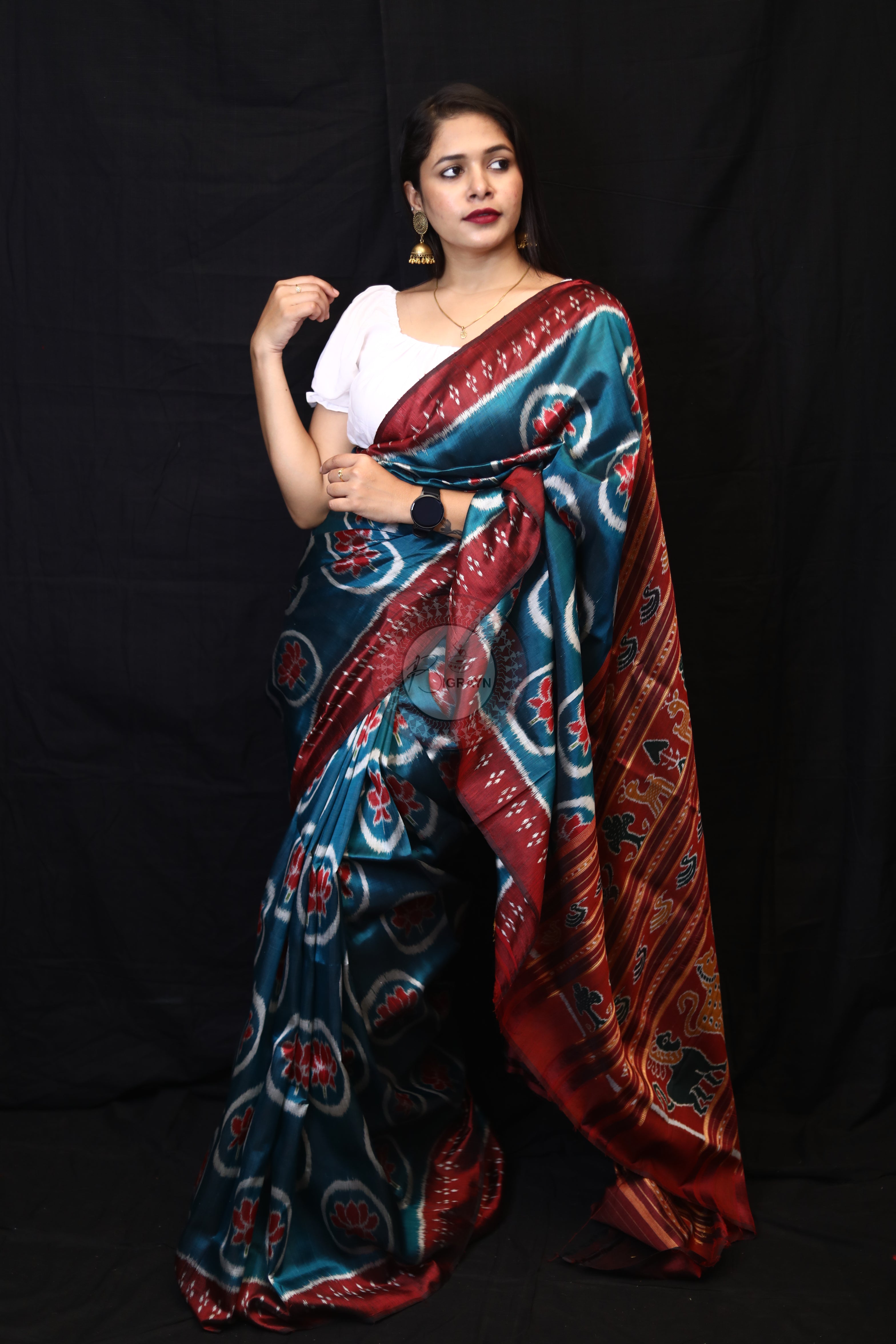 Teal Blue Circle Lotus Mulberry Silk Saree