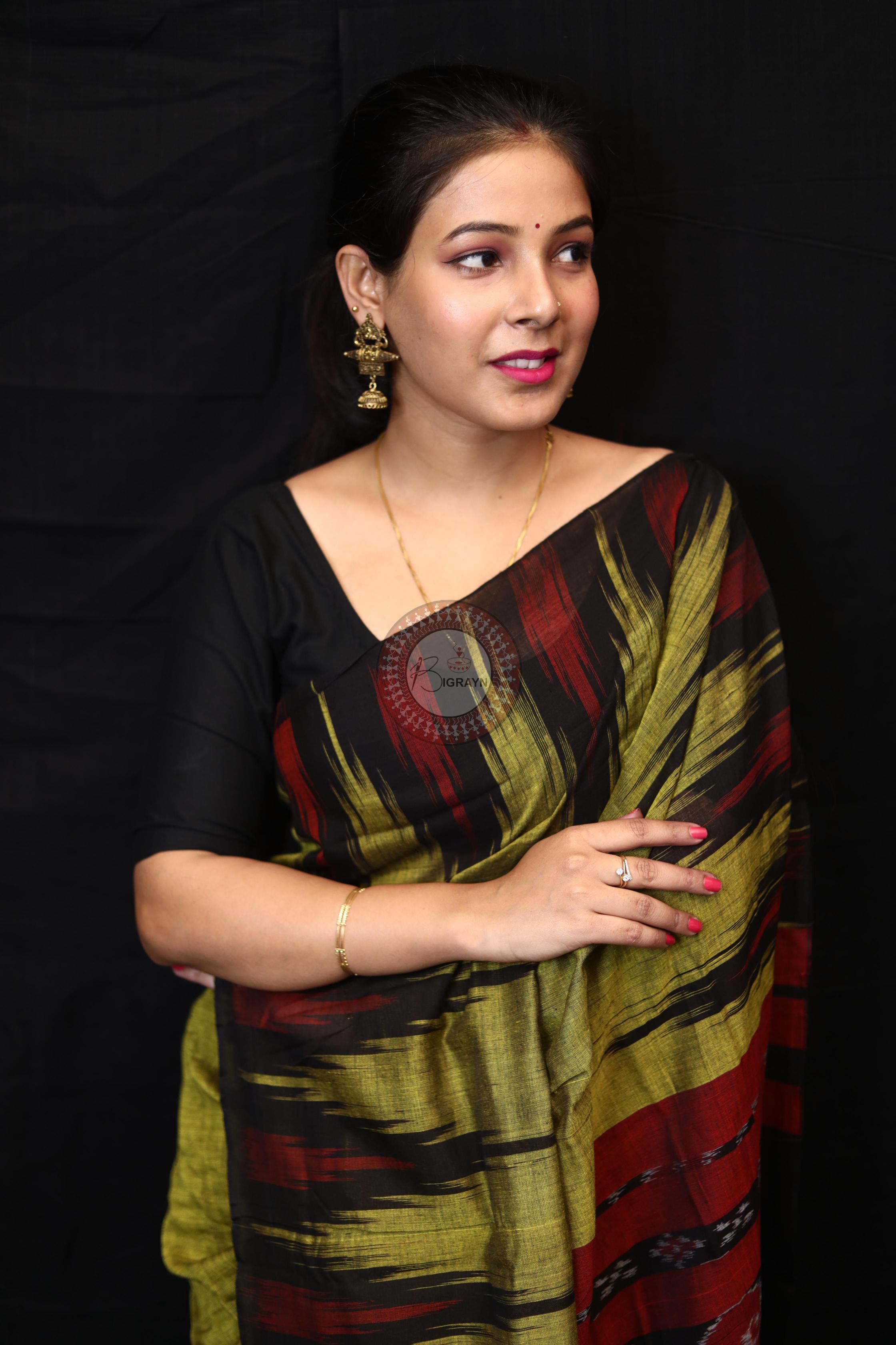 Mehndi Black Kargil Kumbha Cotton Saree