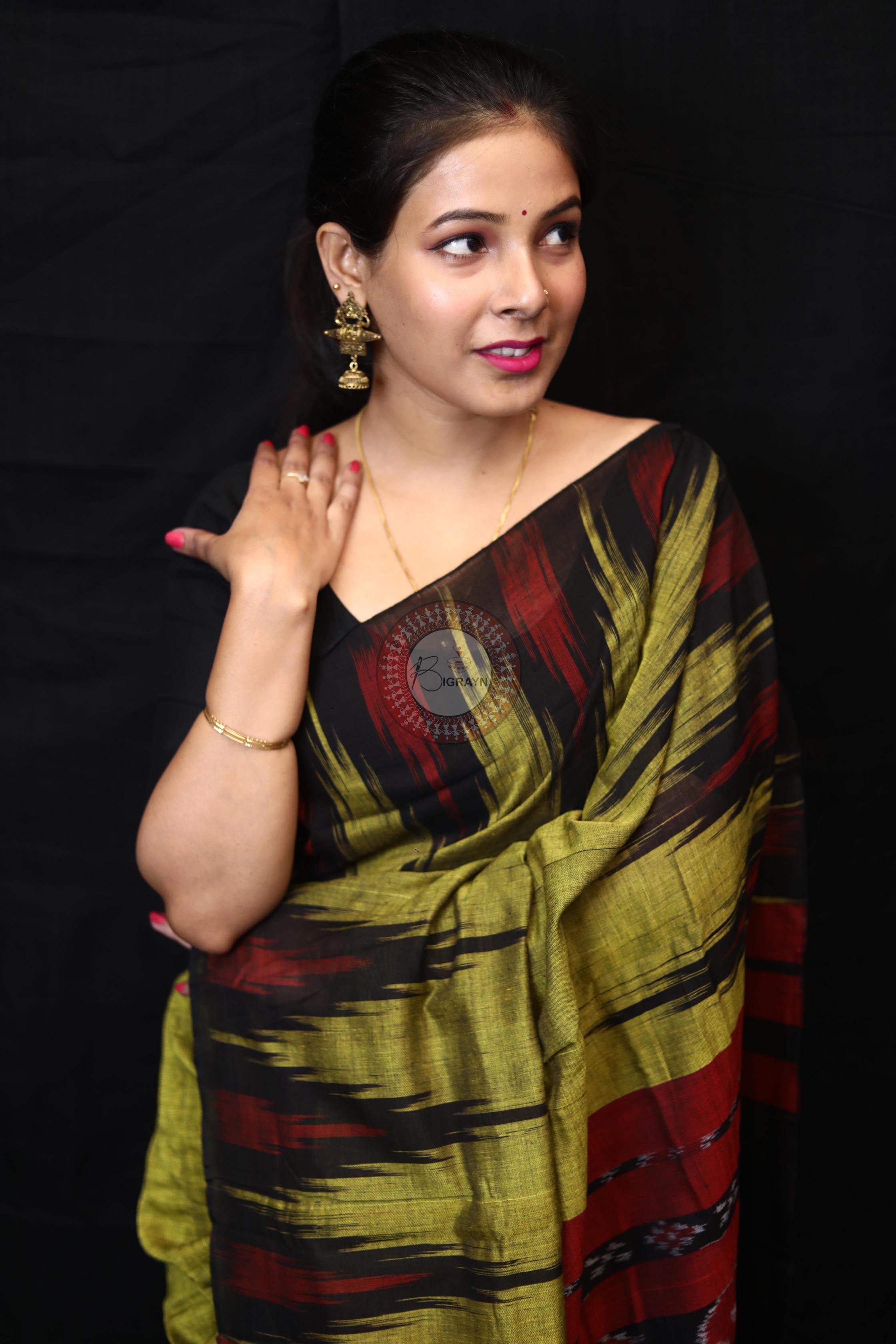 Mehndi Black Kargil Kumbha Cotton Saree